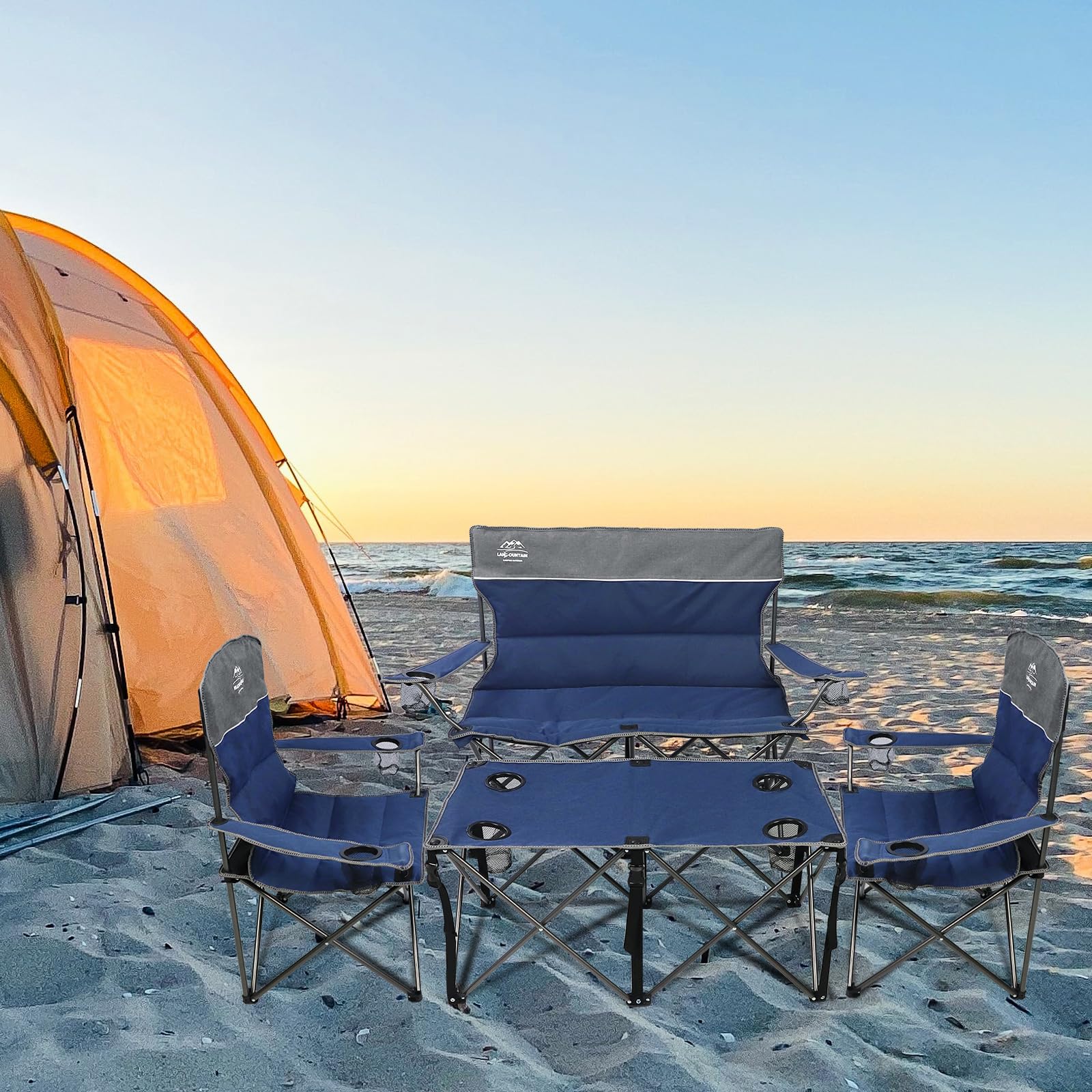 LANMOUNTAIN 4-Piece Portable Camping Chair Set with Side Table & Cup Holders - Heavy Duty Folding Lawn Chairs for Outdoor, Picnic, Beach, Backyard, and Tailgating - Comfortable Loveseat Design Perfect for Family Gatherings, Camping Trips, and Outdoor Events