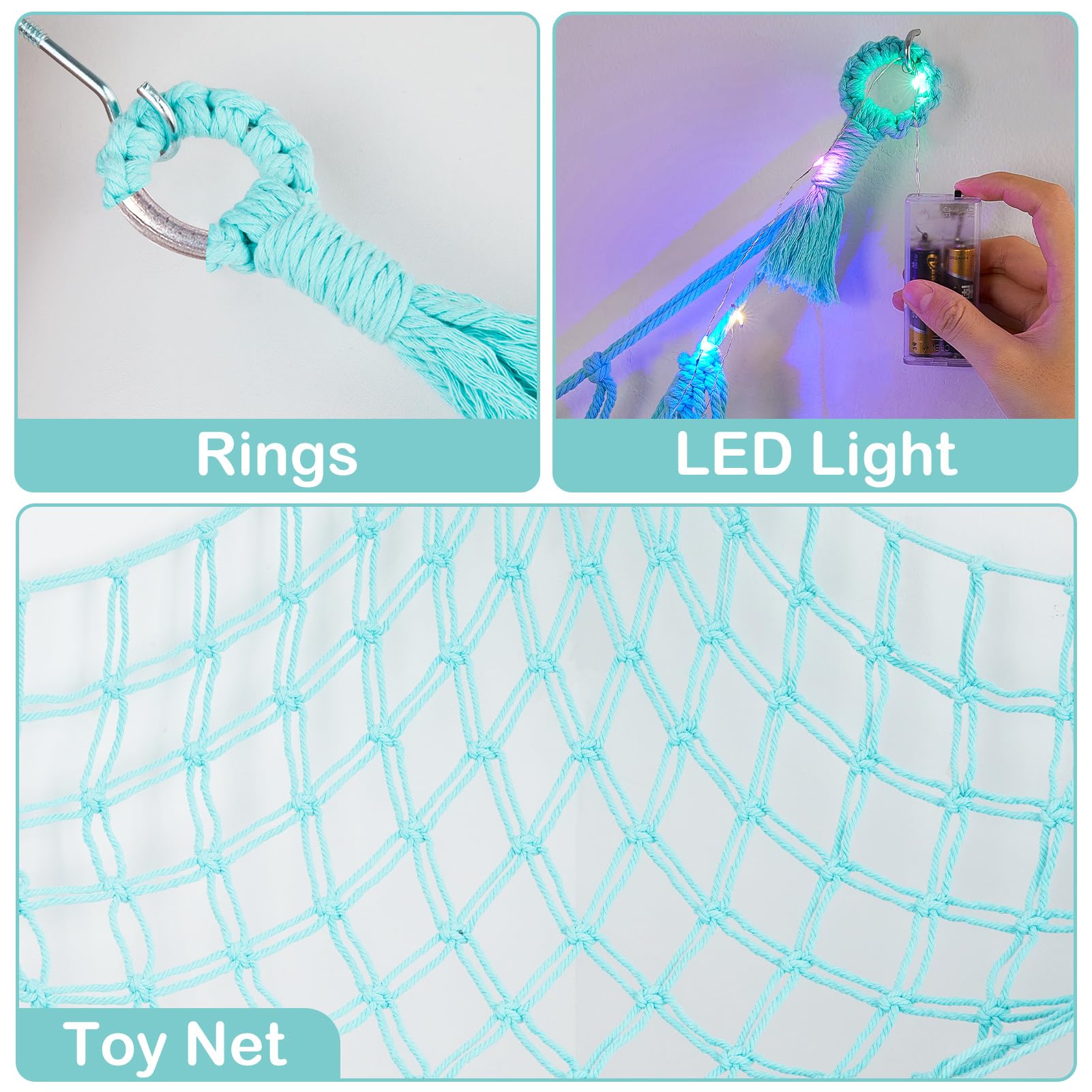 **Basumee LED Stuffed Animal Hammock - Light Aqua Green Wall-Mounted Toy Storage Net for Kids Room Decor & Organization - Perfect for Bedroom, Nursery, or Playroom**
