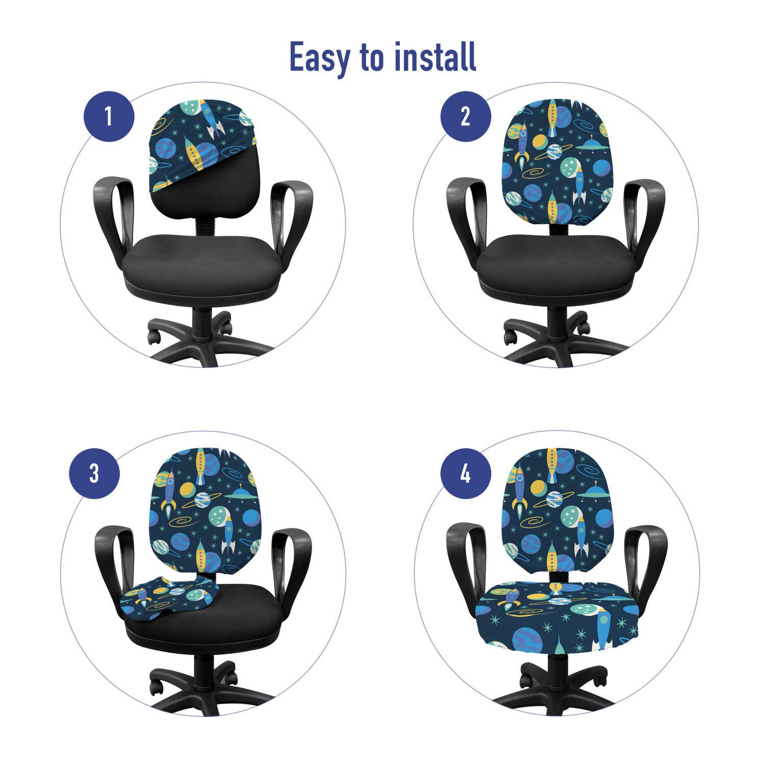 Ambesonne Rockets Office Chair Slipcover - Planets, Travel, Galaxy Stars & Spaceship Design - Stretch Fabric Protective Cover in Mustard & Deep Sky Blue - Perfect for Home Office, Gaming & Study Rooms