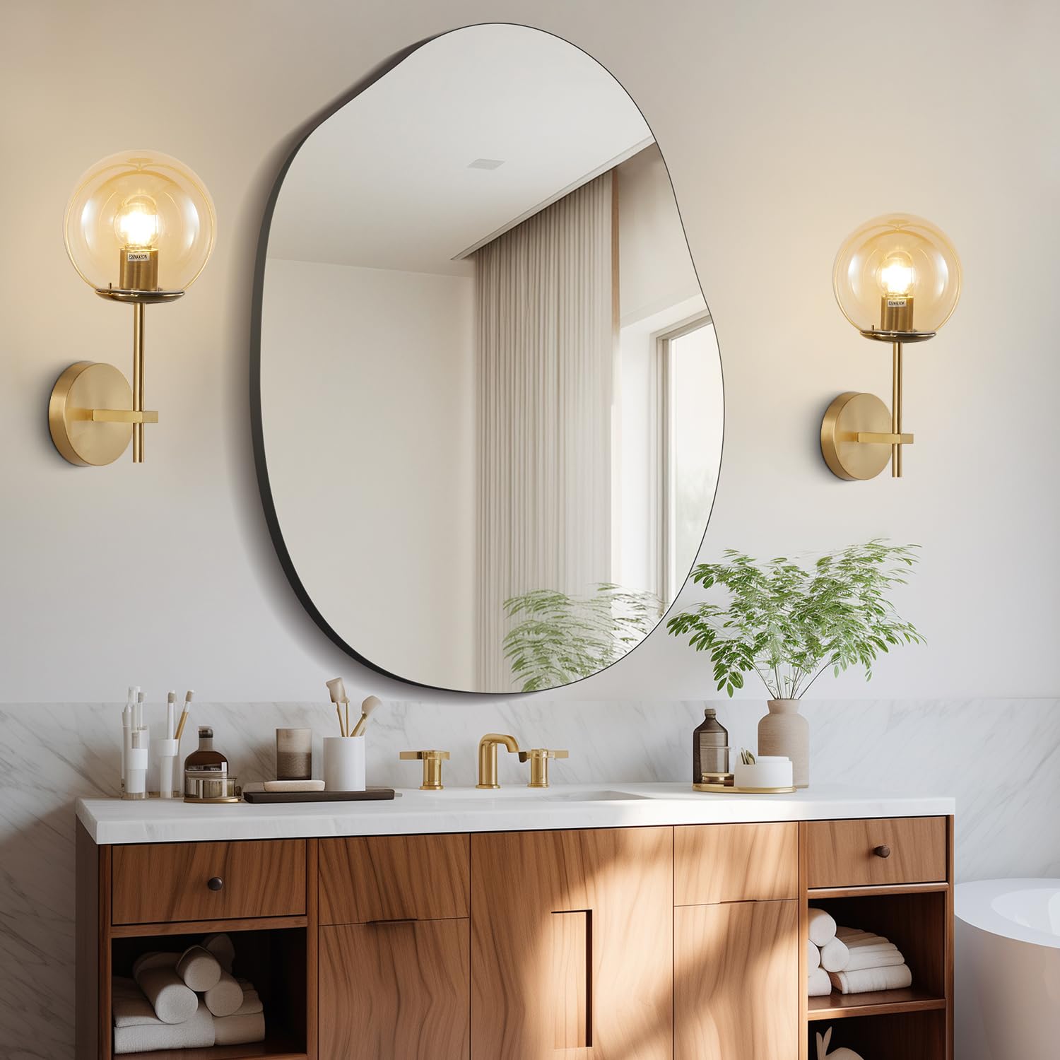 Modern Mid Century Style Wall Sconce with Glass Shade & Brass Finish - Amber Bathroom Vanity Light for Home Decor | Perfect for Bedroom, Hallway & Bathroom Lighting
