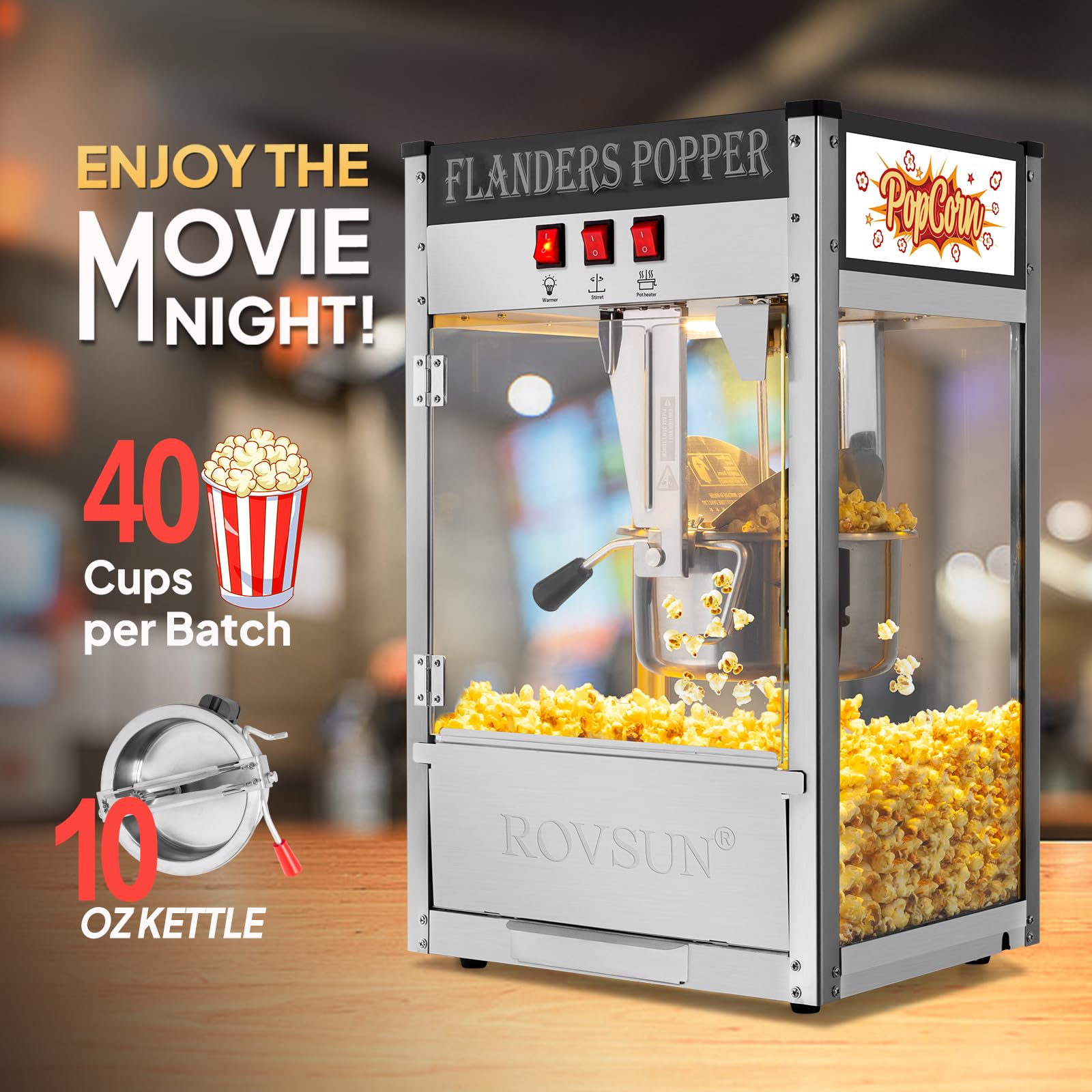 ROVSUN 10oz Commercial Popcorn Machine - Movie Theater Style Countertop Popcorn Popper Makes 4 Gallons, Includes Stainless Steel Scoop, Oil Spoon, Bags & 3 Cups (Black) - Perfect for Home Theater, Parties, Carnivals and Snack Bars