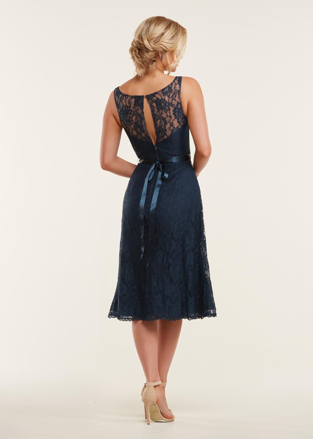 Elegant 80035 Tea Length Lace Bridesmaid Dress with Detachable Sash - Perfect for Weddings, Formal Events & Special Occasions