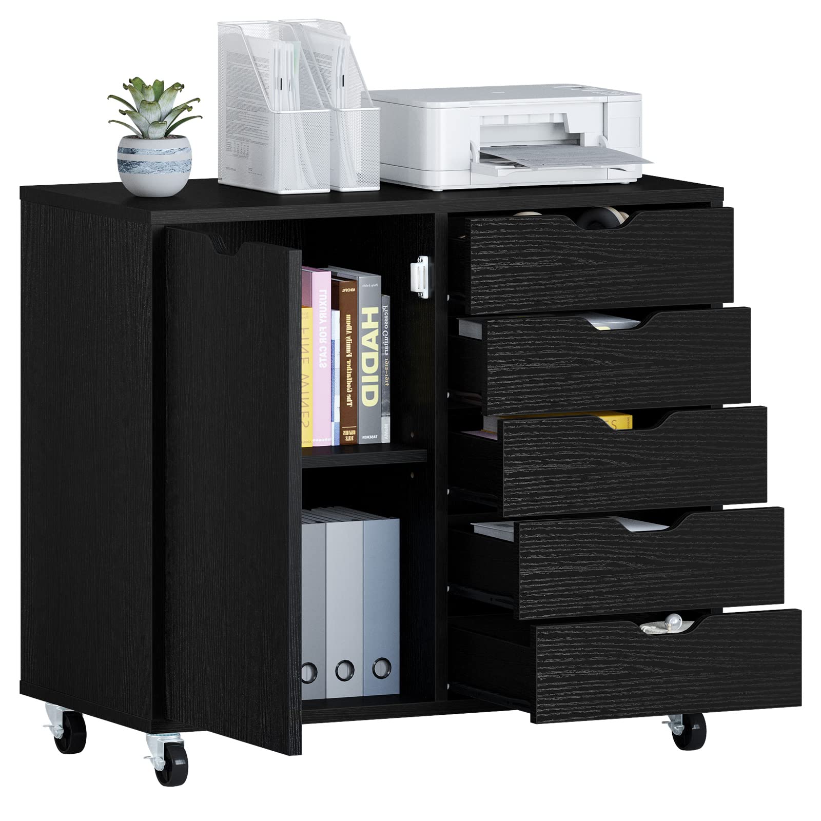 YITAHOME 5-Drawer Mobile File Cabinet with Side Storage - Black Office Organizer Dresser for Home & Office Use - Perfect for Document Storage, Filing Systems & Workspace Organization