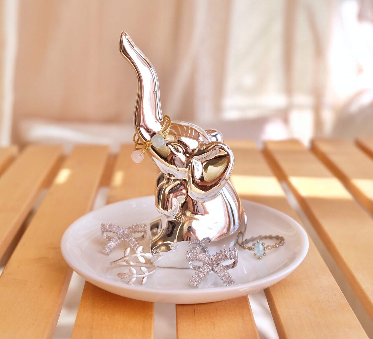 PUDDING CABIN Elephant Ring Holder - Elegant Jewelry Dish & Trinket Tray for Rings, Earrings - Perfect Women's Birthday Gift, Christmas, Wedding, Bridesmaid & Bridal Shower Present - Silver Elephant Decor for Girls & Women - Ideal for Bedroom Dresser, Bathroom Counter & Vanity Organizer