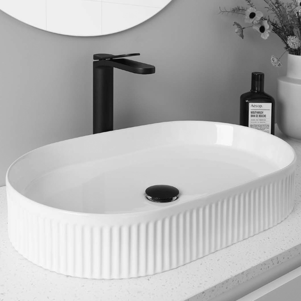 ADP Pill Fluted 580 x 365mm White Above Counter Bathroom Basin - Perfect for Modern Vanity Units and Contemporary Washrooms