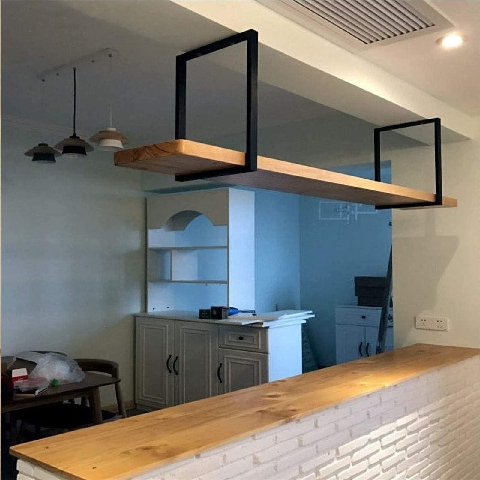 Nordic Style Ceiling Hanging Shelf - 2cm Solid Wood Floating Plant Rack & Wine Storage, Iron Art Decor for Kitchen, Bar, Living Room, Dining Room (120x30x50cm) - Perfect for Small Space Organization & Home Decor