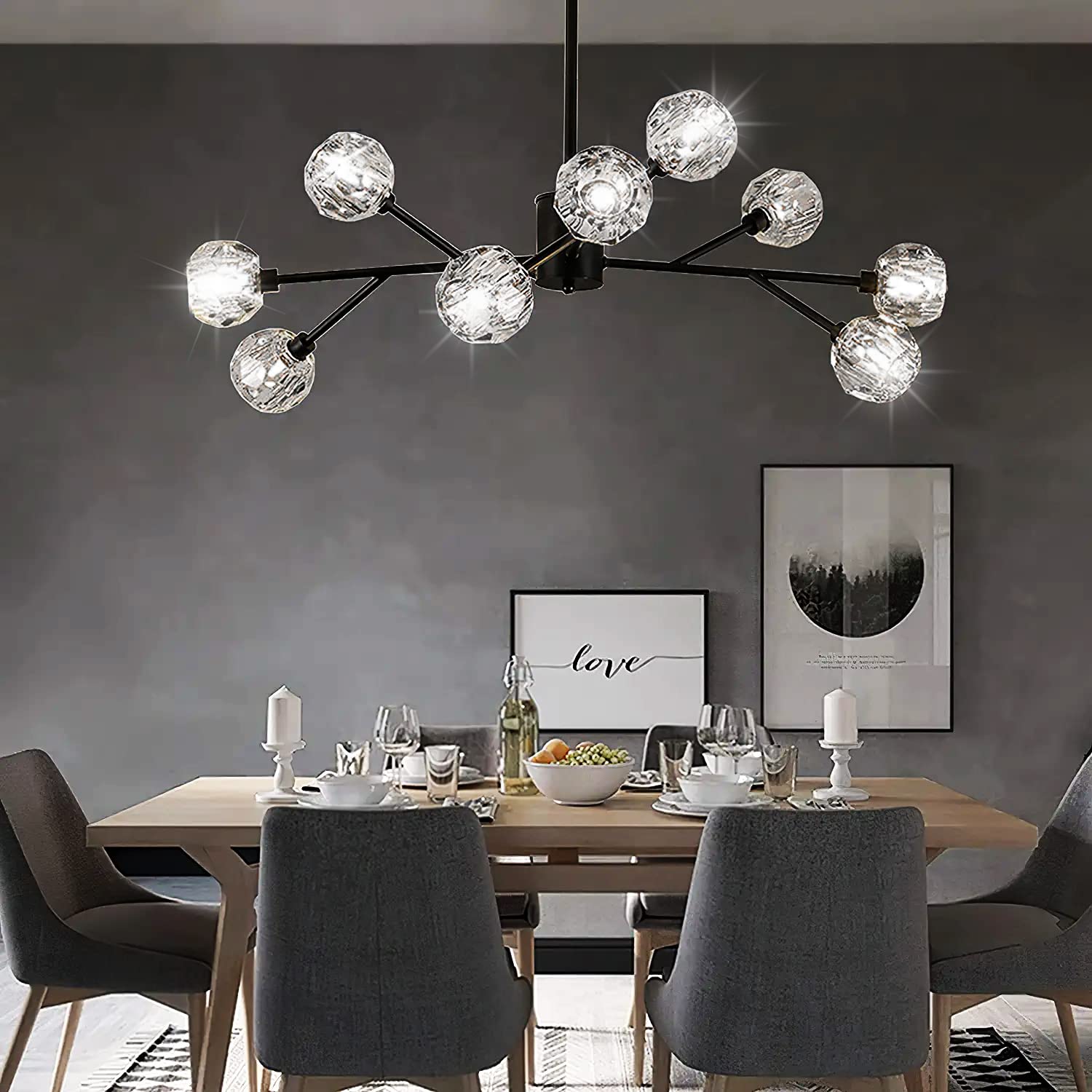Modern Black Sputnik Chandelier - 9-Light Crystal Pendant Lighting Fixture for Living Room, Dining Room, Bedroom | Elegant Home Decor for Contemporary Interiors & Dinner Parties