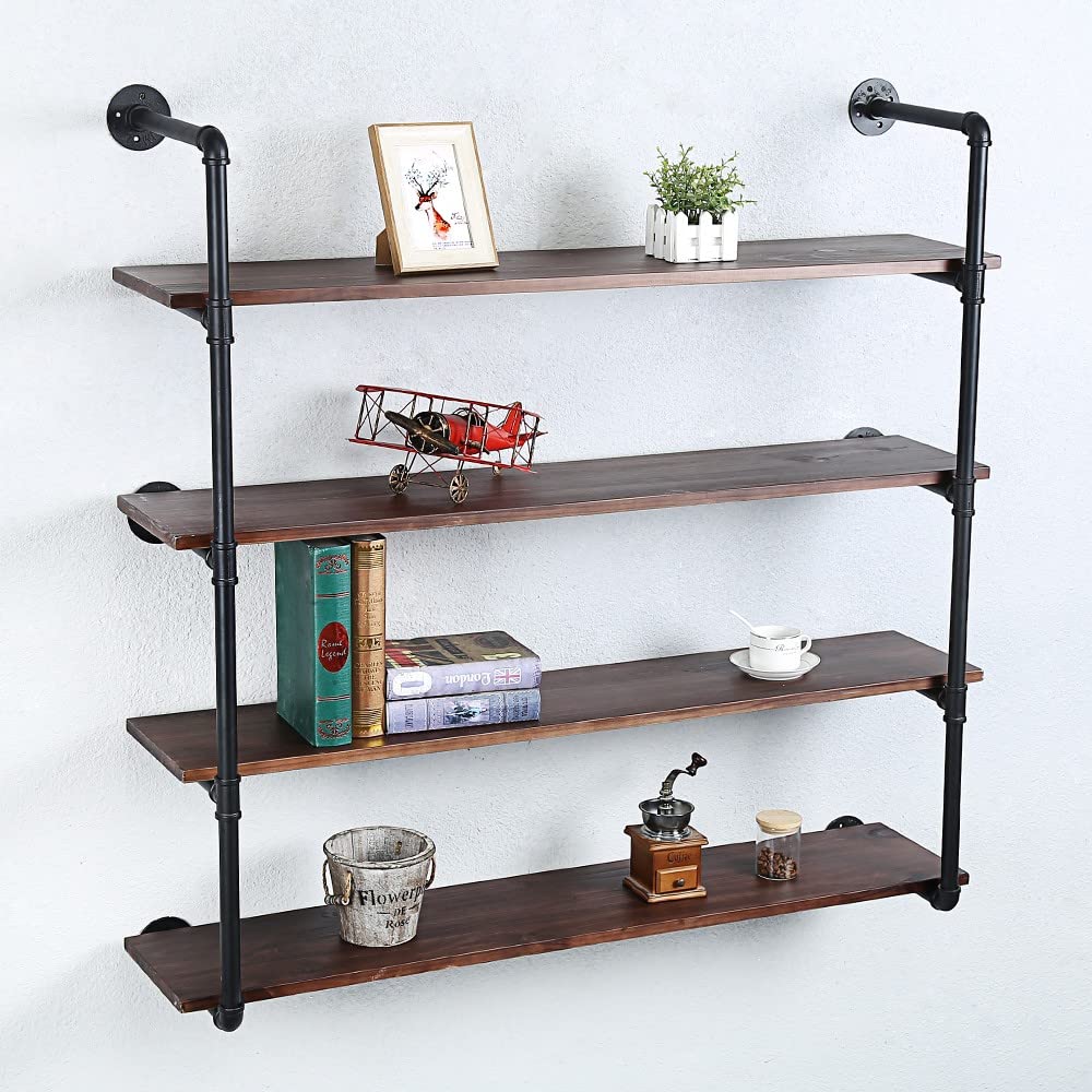 Industrial Pipe Shelving Wall Mounted - 48 Inch Rustic Metal Floating Shelves with Real Wood, Steampunk Style Bookcase - 4 Tier Farmhouse Kitchen & Bar Shelving Unit for Home, Office & Retail Display