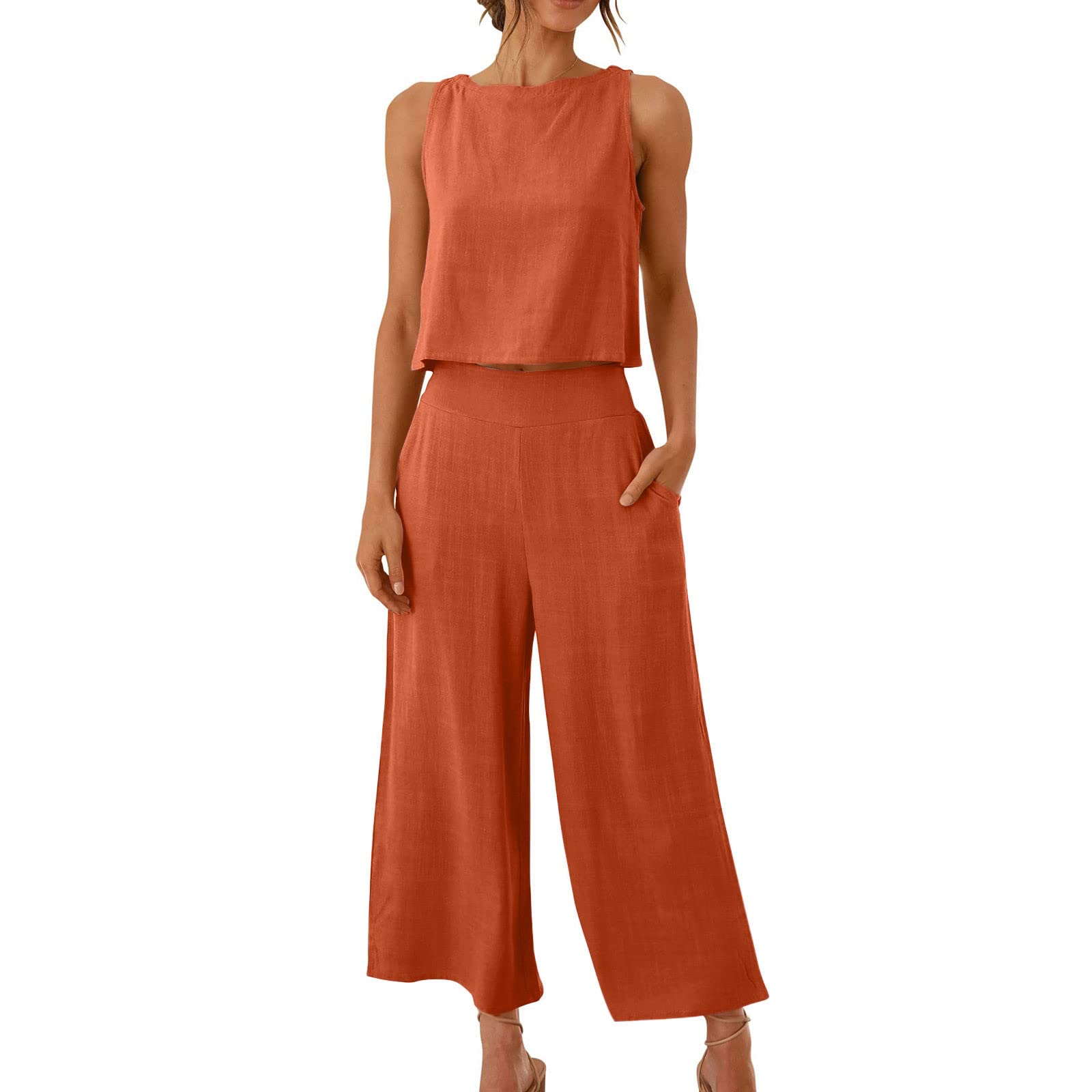 Women's 2-Piece Cotton Linen Lounge Set - Oversized Wide Leg Pants & Top Comfy Travel Outfit | Casual Summer Pajama Set for Home, Beach & Vacation Wear