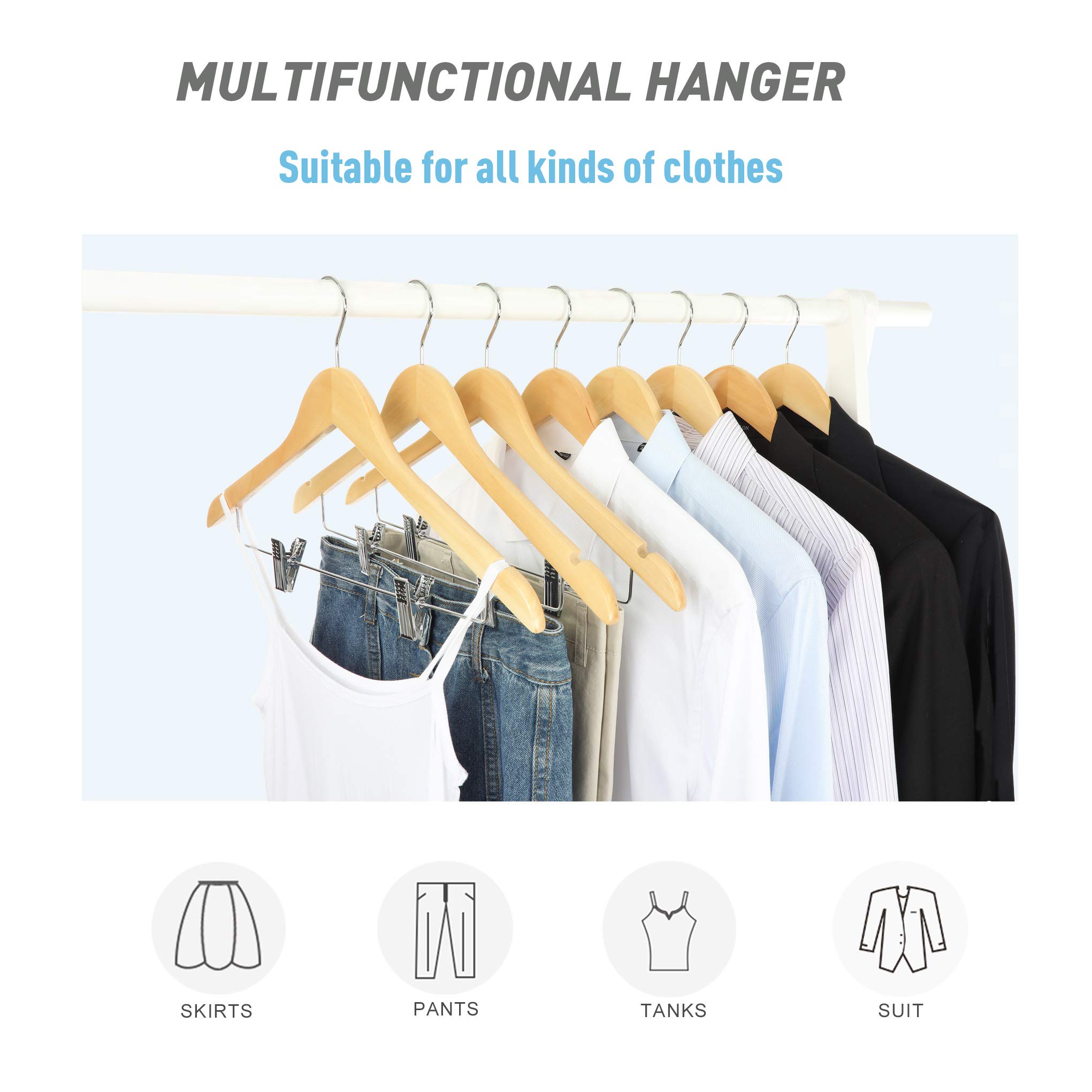 Premium Wooden Clothes Hangers 10 Pack - Adjustable Metal Clips & 360° Swivel Hook for Suits, Pants, Skirts, Jeans, Coats & Jackets | Ideal for Closet Organization, Wardrobe Storage & Travel Use - TOPIA HANGER CT28N