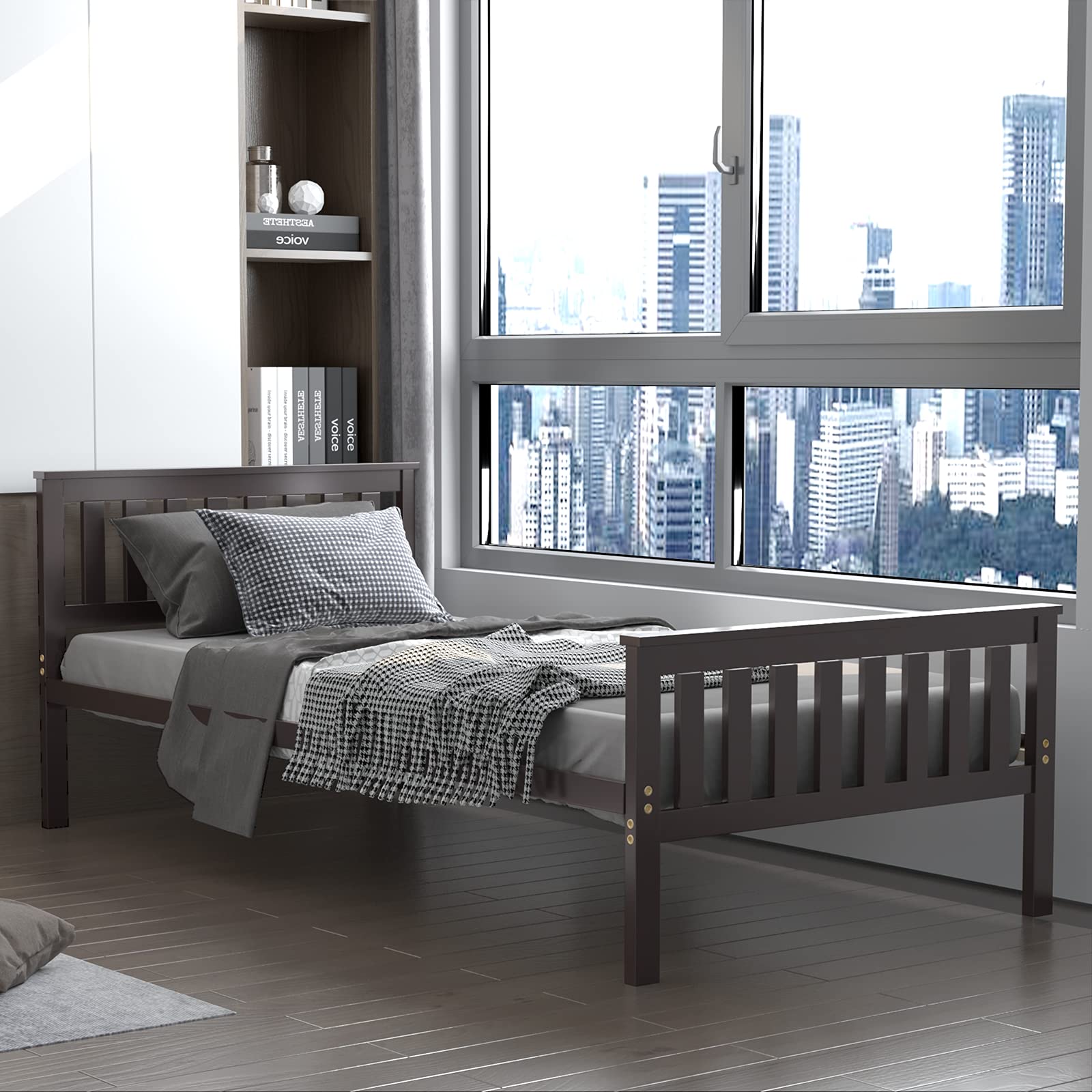 Giantex Twin Bed Frame with Headboard - 12 Inch Sturdy Wood Platform Bed Base, Wood Slat Support, No Box Spring Needed, Easy Assembly - Perfect for Guest Rooms, Dorms & Small Spaces
