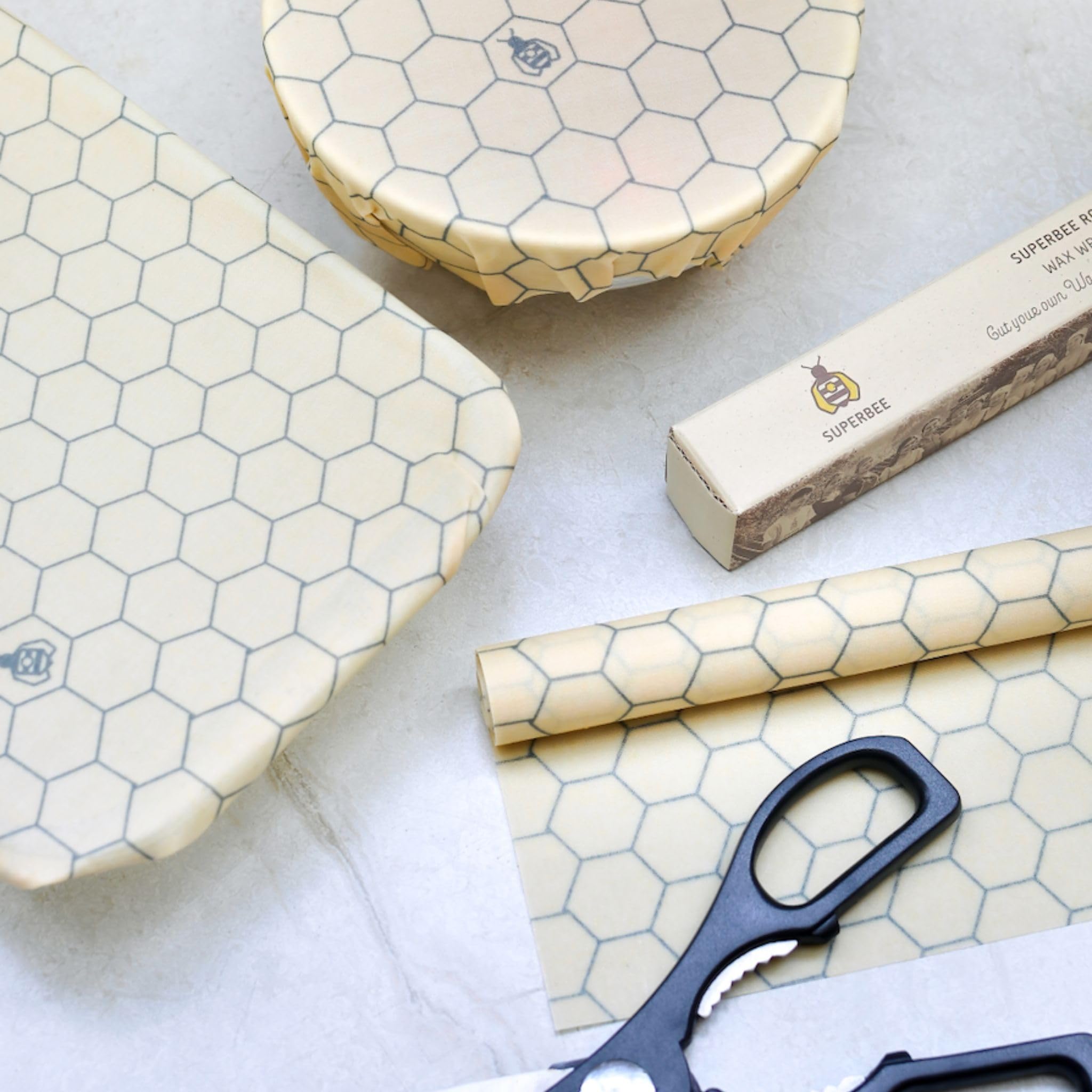 SUPERBEE XL Beeswax Wrap Roll - Reusable Eco-Friendly Food Wrap for Vegetables, Cheese, Bowls & Sandwiches | Natural Beeswax Food Storage Solution | Perfect for Meal Prep, Picnics & Zero-Waste Kitchens (35x13 Inch Hexagon Pattern)