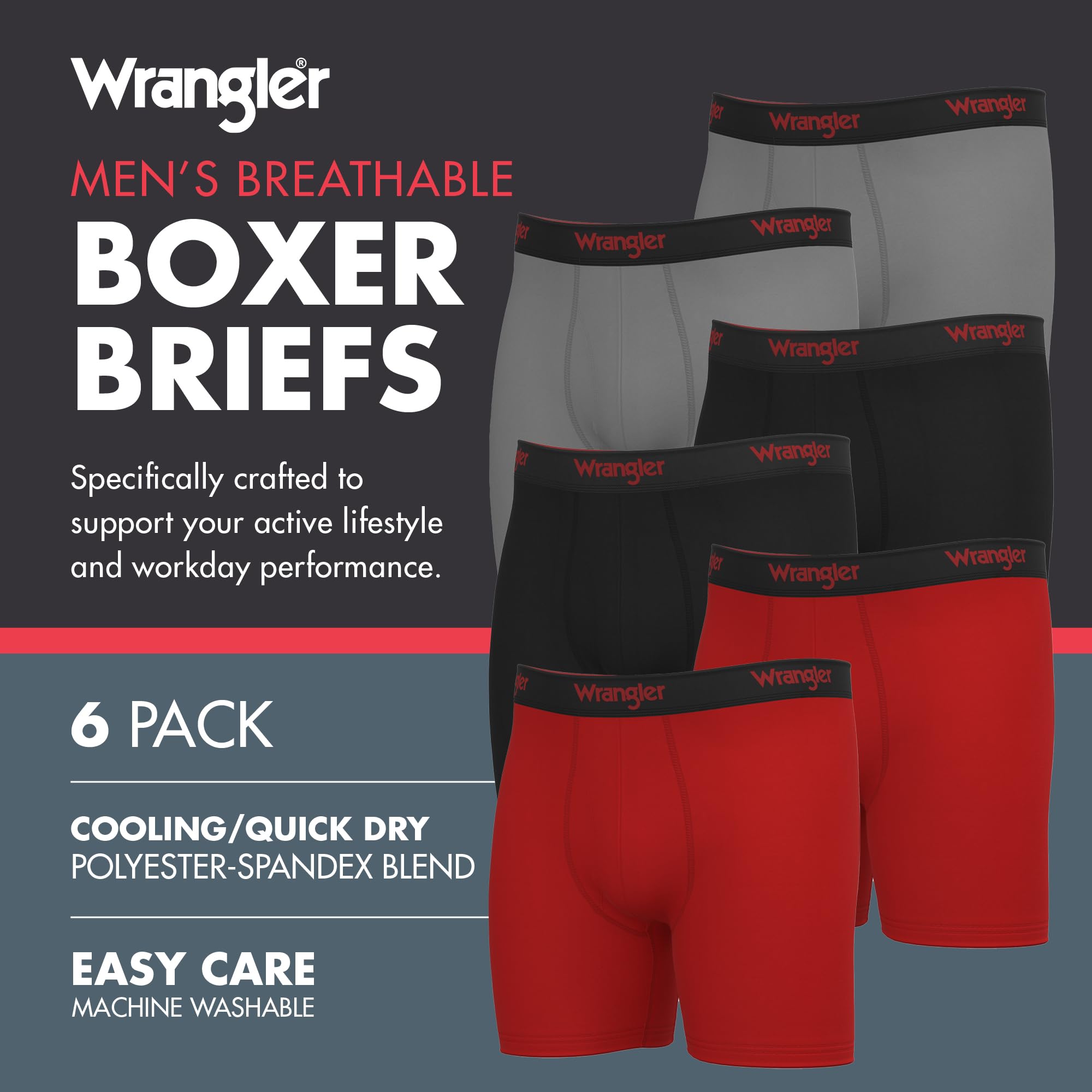 Wrangler 6 Pack Men's Boxer Briefs - Moisture Wicking Quick Dry Underwear for Men | Comfortable & Breathable for Workout, Travel & Everyday Wear