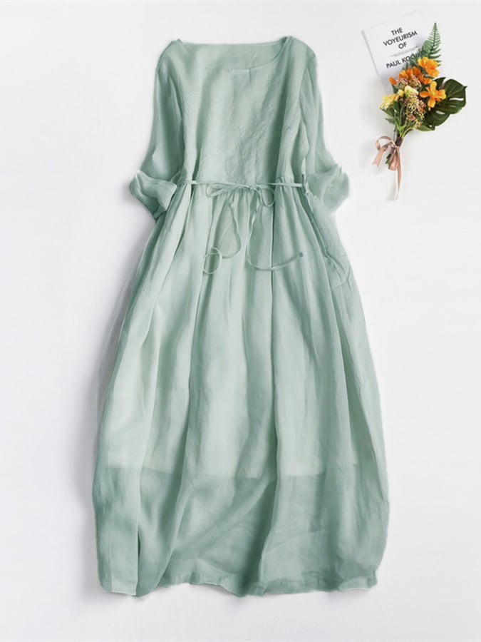 Lovevop Women's Cotton Linen Embroidered Lace-Up Waist Dress - Summer Boho Flowy Maxi Dress for Beach, Wedding & Casual Outings