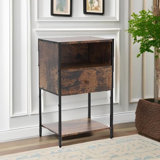 Modern Nightstand with USB Charging Station & Drawer - Rustic Brown Bedside Table with Open Storage Shelf - Perfect for Bedroom, Living Room or Office