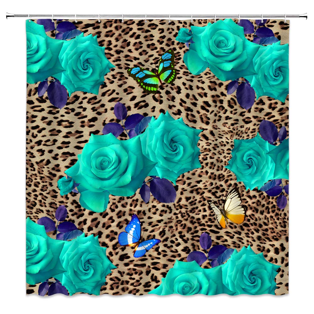 Sunhe Leopard Rose Shower Curtain - Teal Rose Flower Butterfly Abstract Leopard Print Bathroom Decor with Hooks | Waterproof Fabric for Farmhouse, Rustic & Spring Themed Bathrooms