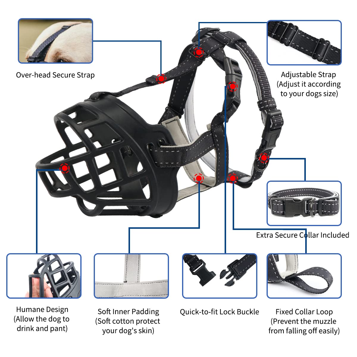 BARKLESS Soft Silicone Basket Dog Muzzle - Breathable & Adjustable for Safe Panting Drinking - Stop Barking Biting Chewing - Includes Collar & Training Guide - Perfect for Grooming Vet Visits Walks & Training