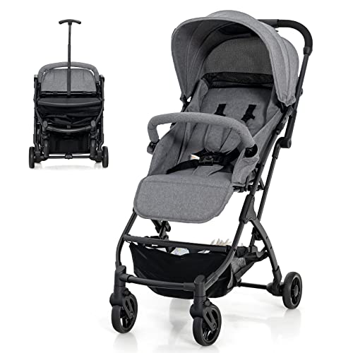 HONEY JOY Lightweight Foldable Baby Stroller - One-Hand Fold, Adjustable Canopy & Backrest, Compact Travel Stroller for Toddlers & Airplane Travel, Gray (Perfect for Shopping, Park Walks & City Outings)