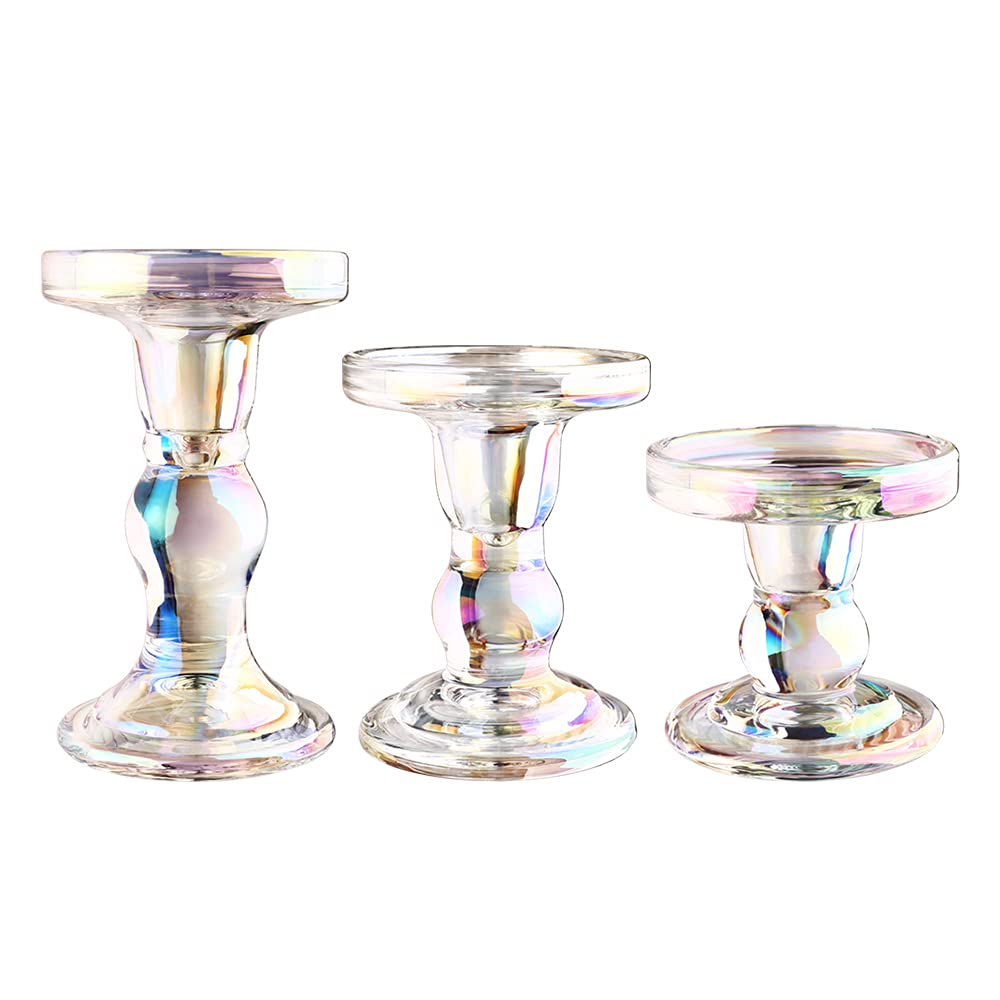 BTGLLAS 3-Piece Glass Candlestick Set with Crystal Holders & Conical Candles - Elegant Christmas, Wedding, and Home Decor for Living Room, Dining Table, and Romantic Dinners (7 Color Options)