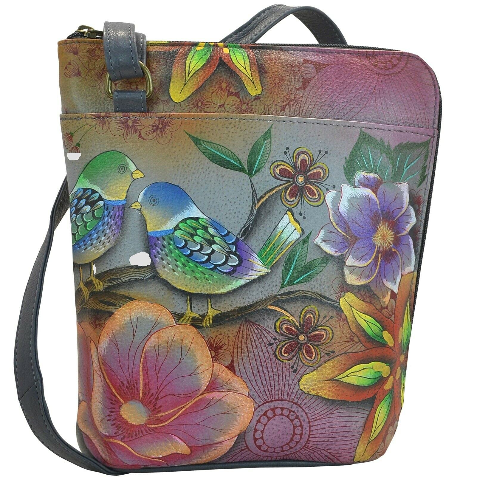 Anuschka Hand Painted Genuine Leather Crossbody Bag - Travel Organizer Purse with Adjustable Strap (Blissful Birds Design) - Perfect for Vacation, Daily Use & Gift Giving