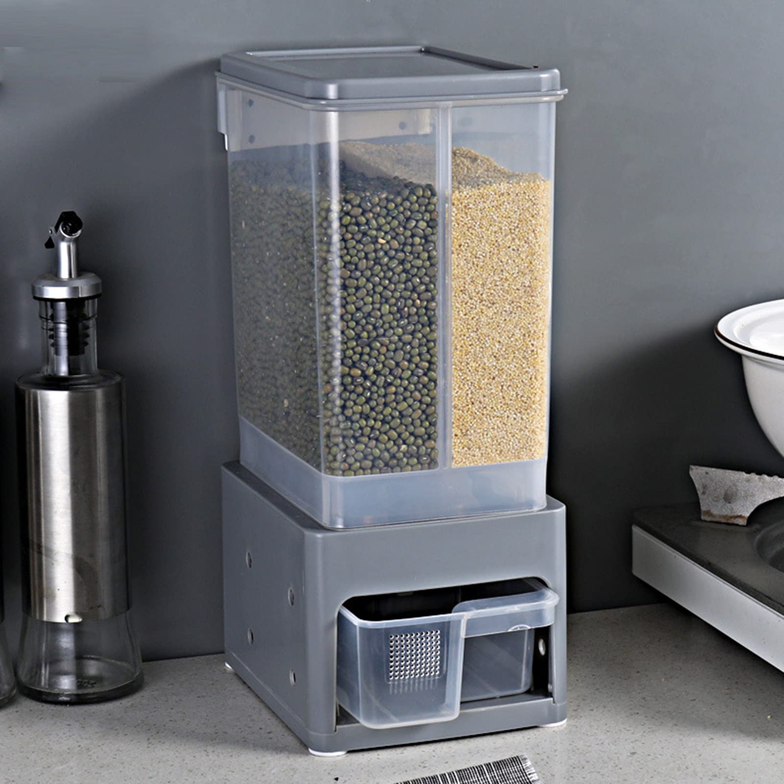 2-Grid Wall Mounted Dry Food Dispenser - Airtight Plastic Cereal Storage Container for Pasta, Rice, Pet Food | Kitchen & Pantry Organization Solution for Easy Access and Space Saving