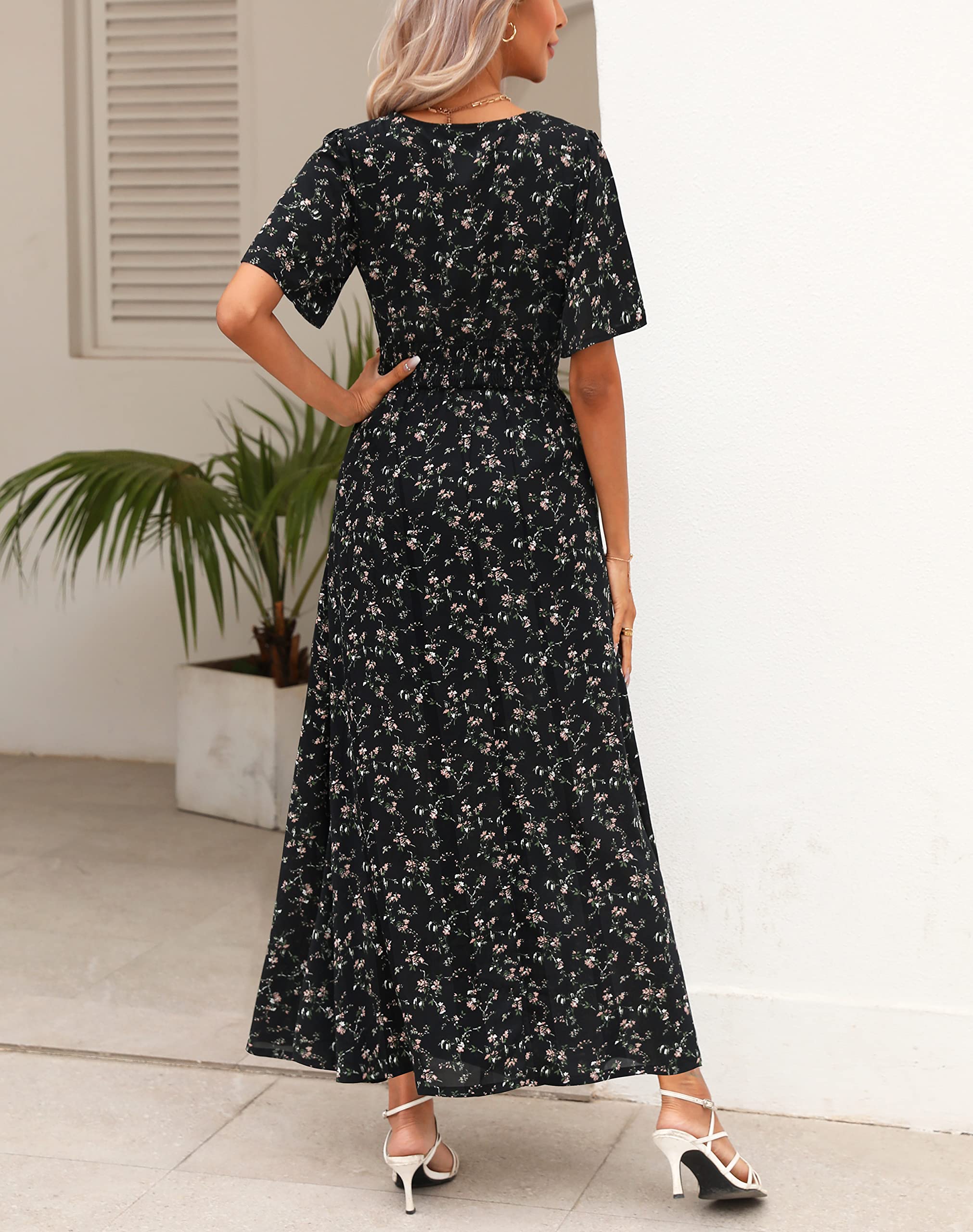 Kranda Women's Floral Boho Maxi Dress - V Neck, High Waist, Short Sleeve, Flowy Swing Slit Design for Summer & Spring | Beach Vacation, Casual Outing, Date Night, Festival Wear