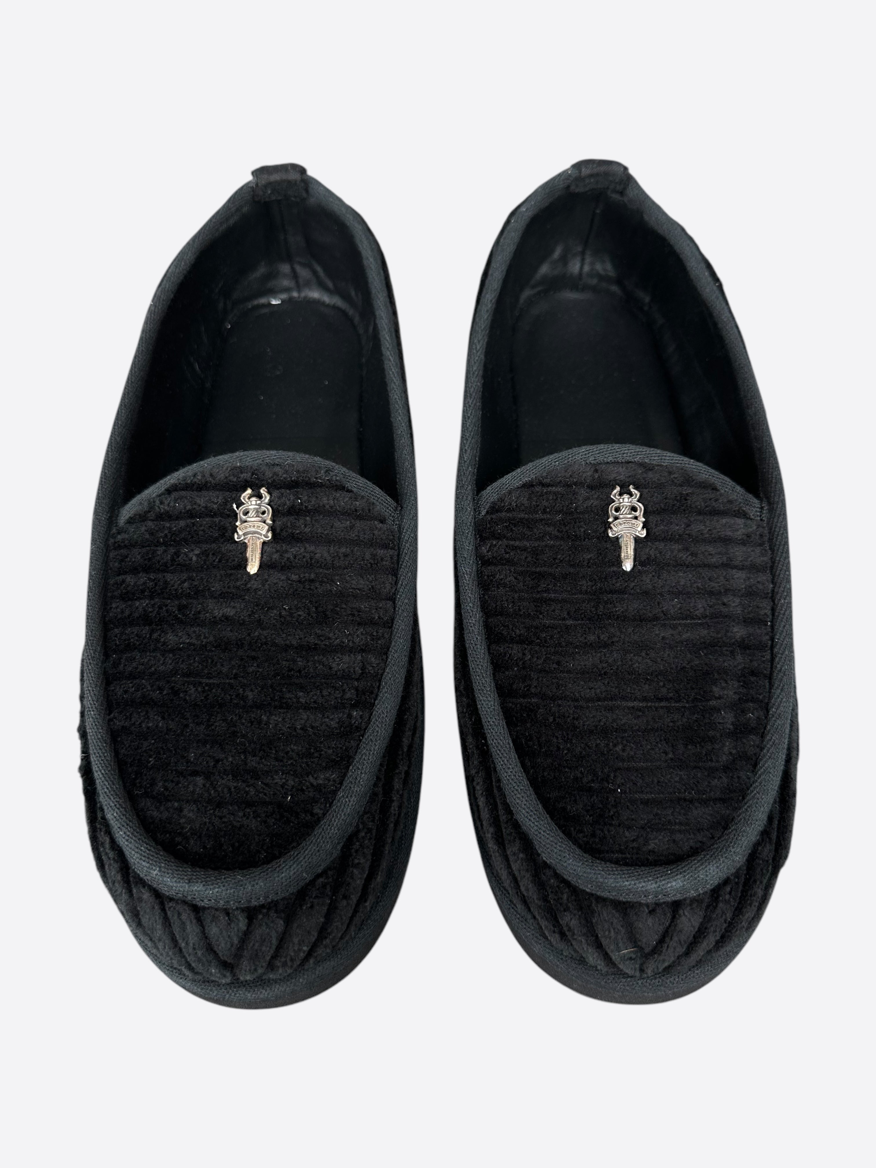 Chrome Hearts Black Corduroy Dagger Slippers for Men & Women - Luxury Designer House Shoes for Indoor Comfort & Stylish Lounge Wear