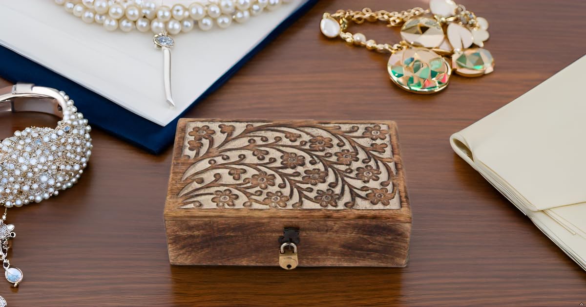 Handmade Decorative Wooden Jewelry Box with Lock & Key - Jewelry Organizer, Keepsake Box, Watch Storage - Perfect Birthday, Housewarming Gift for Women - Great for Travel, Home Decor & Special Occasions