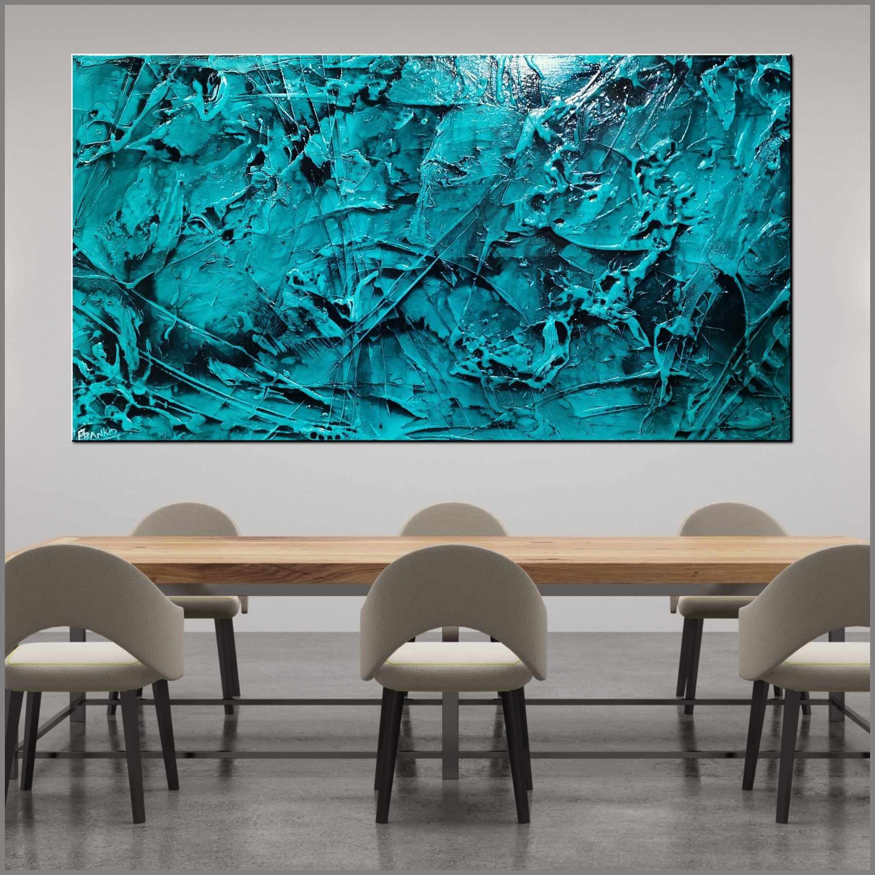 190cm x 100cm Teal Ink Textured Abstract Ocean Painting - Large Modern Wall Art for Living Room, Bedroom & Office Decor
