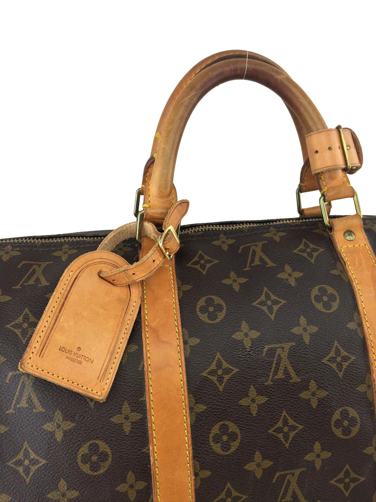 Authentic Louis Vuitton Vintage Monogram Keepall 55 Duffle Bag - Brown Canvas Travel Luggage with Adjustable Shoulder Strap - Perfect for Weekend Getaways & Business Trips