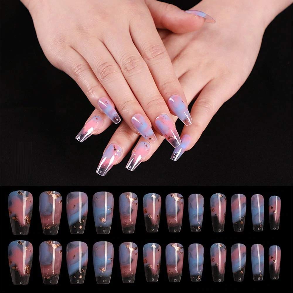 24-Piece Detachable Long Coffin Fake Nails Set - European Rainbow Ballerina Full Cover Nail Tips for Manicure & Nail Art | Colorful Artificial False Nails (Series A1) | Perfect for Parties, Weddings, and Special Occasions