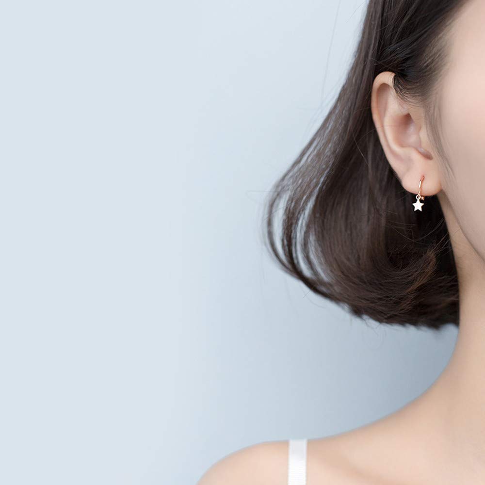 Hypoallergenic Sterling Silver Tiny Star Dangle Hoop Earrings for Women - Cute Cartilage Huggie Sleepers, Rose Gold Tone Dainty Drop Earrings | Perfect Birthday Gifts for Best Friend, Everyday Wear & Special Occasions