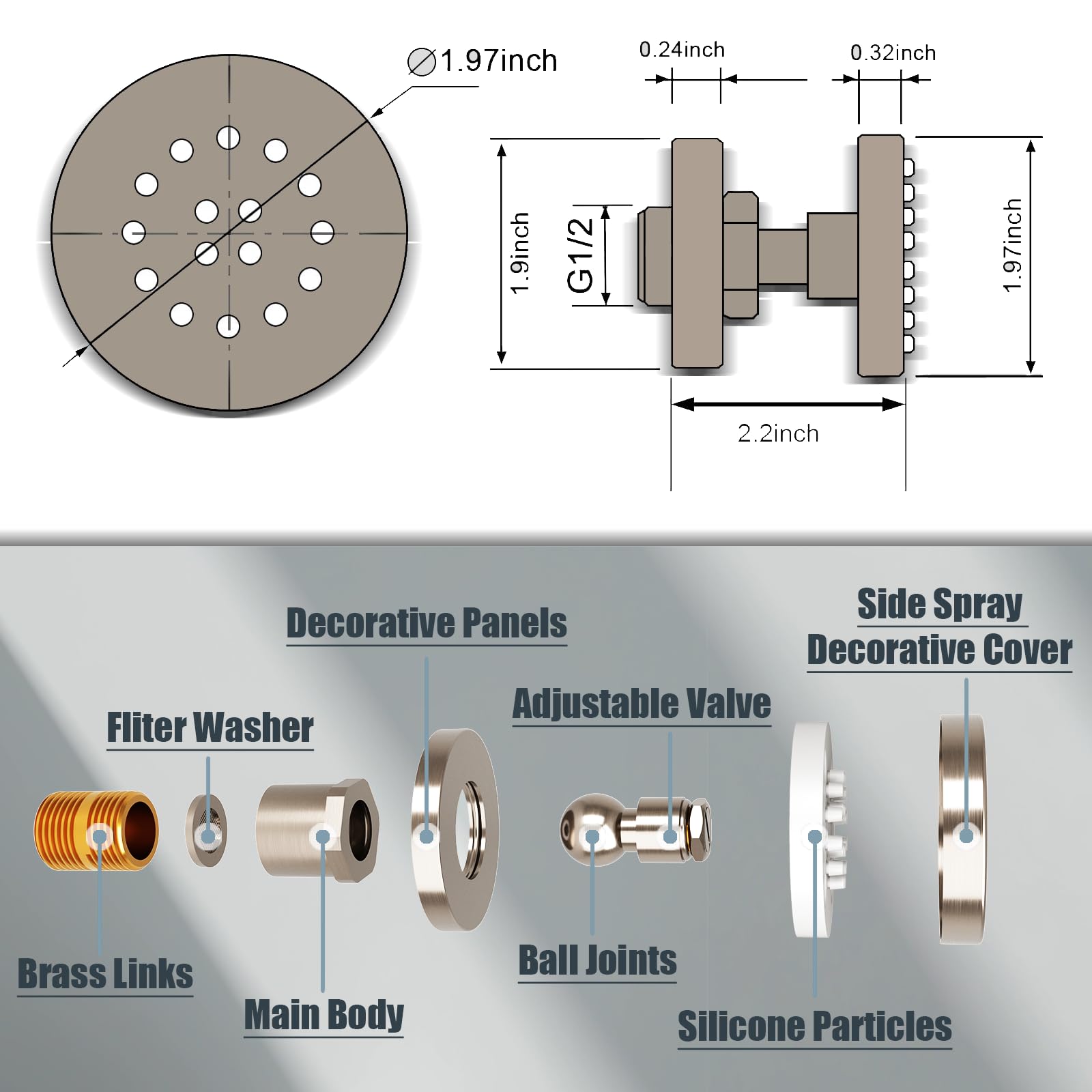 4-Piece Adjustable Shower Body Spray Jets with On/Off Flow Control - Brushed Nickel Wall Mount Massage Spa Jets for Relaxing Bath & Shower Experience