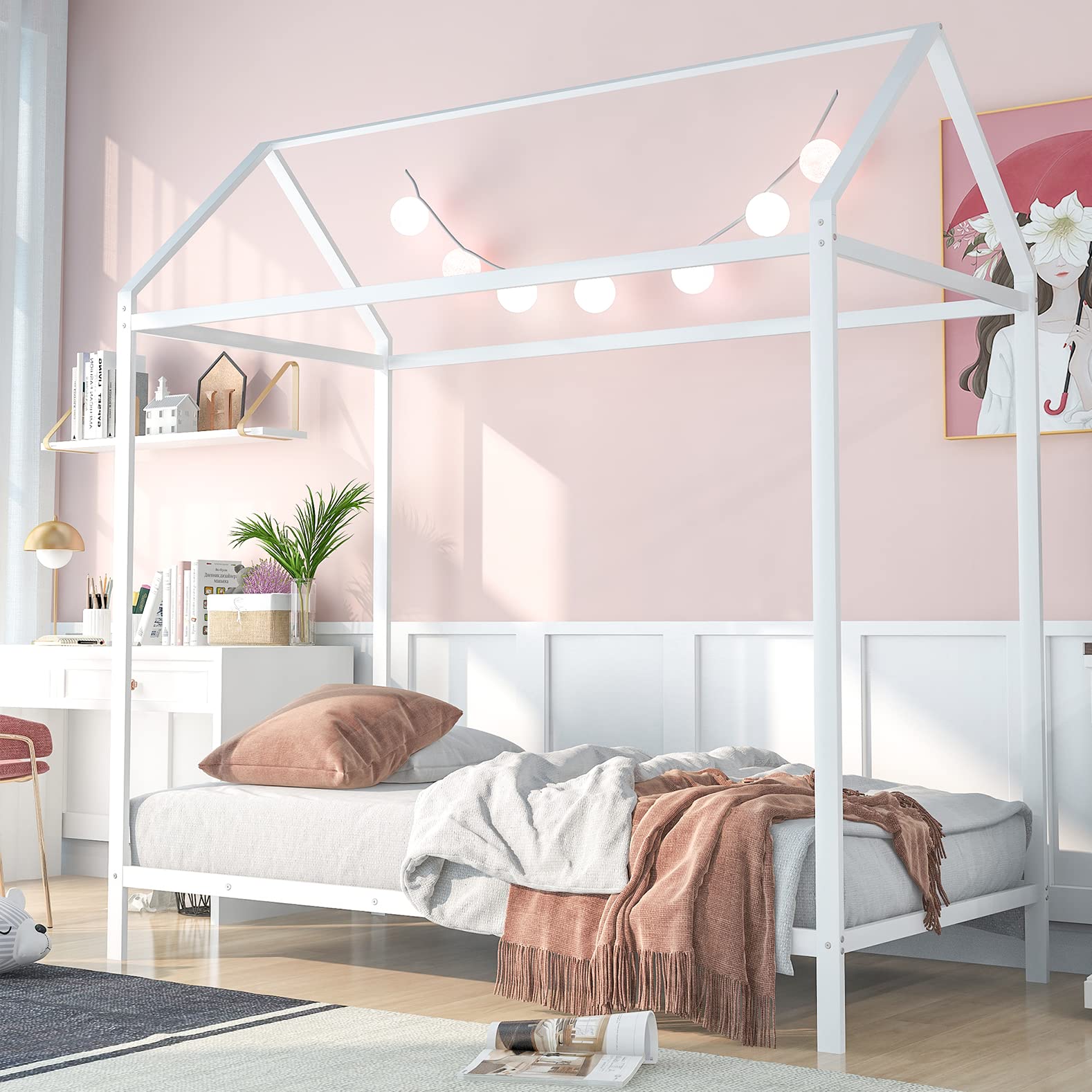 Montessori Twin House Bed for Kids - Sturdy Metal Platform Bed Frame, No Box Spring Needed, White - Perfect for Boys & Girls Bedrooms, Playrooms & Montessori Learning Spaces