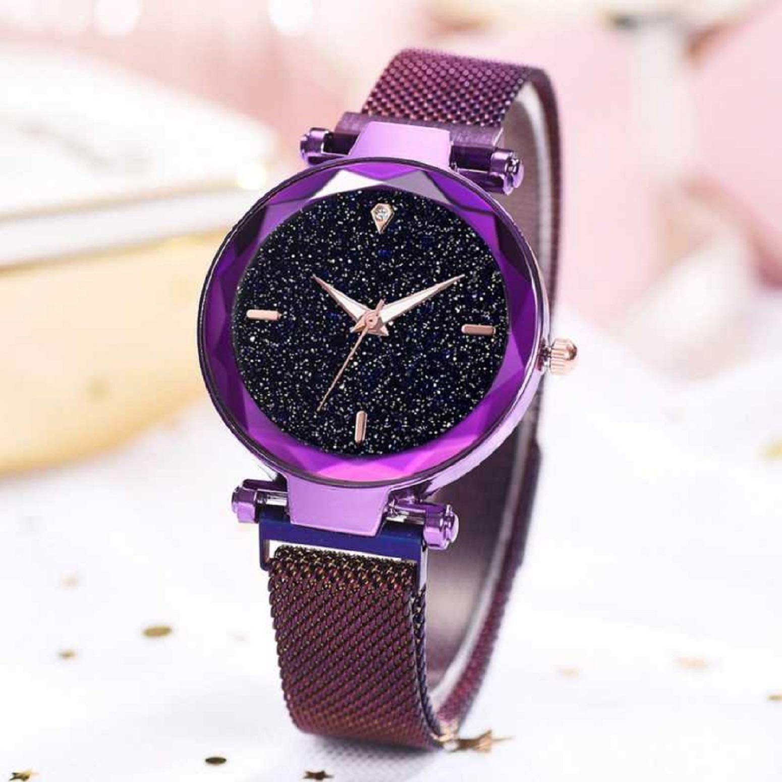 Acnos® Premium 3, 6, 9 Line & 12 Diamond Purple Analog Magnetic Watch for Women & Girls - Stylish 21st Century Design - Perfect for Office, School & Casual Outfits (MGNT-Purple)