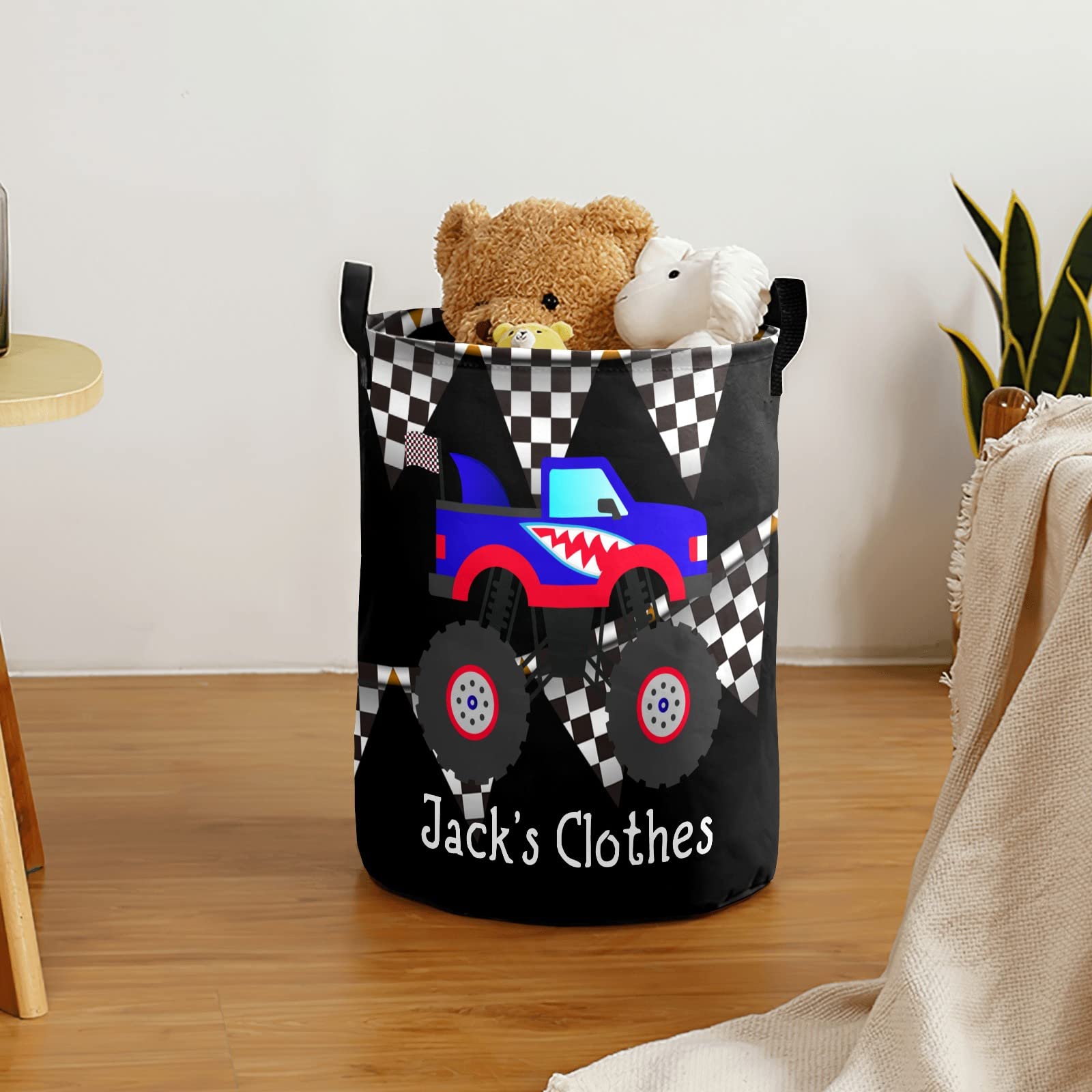 Custom Monster Truck Laundry Hamper - Waterproof Collapsible Drawstring Storage Basket with Handle for Clothes & Toys (50x36cm) | Perfect for Kids' Room, Nursery & Playroom Organization