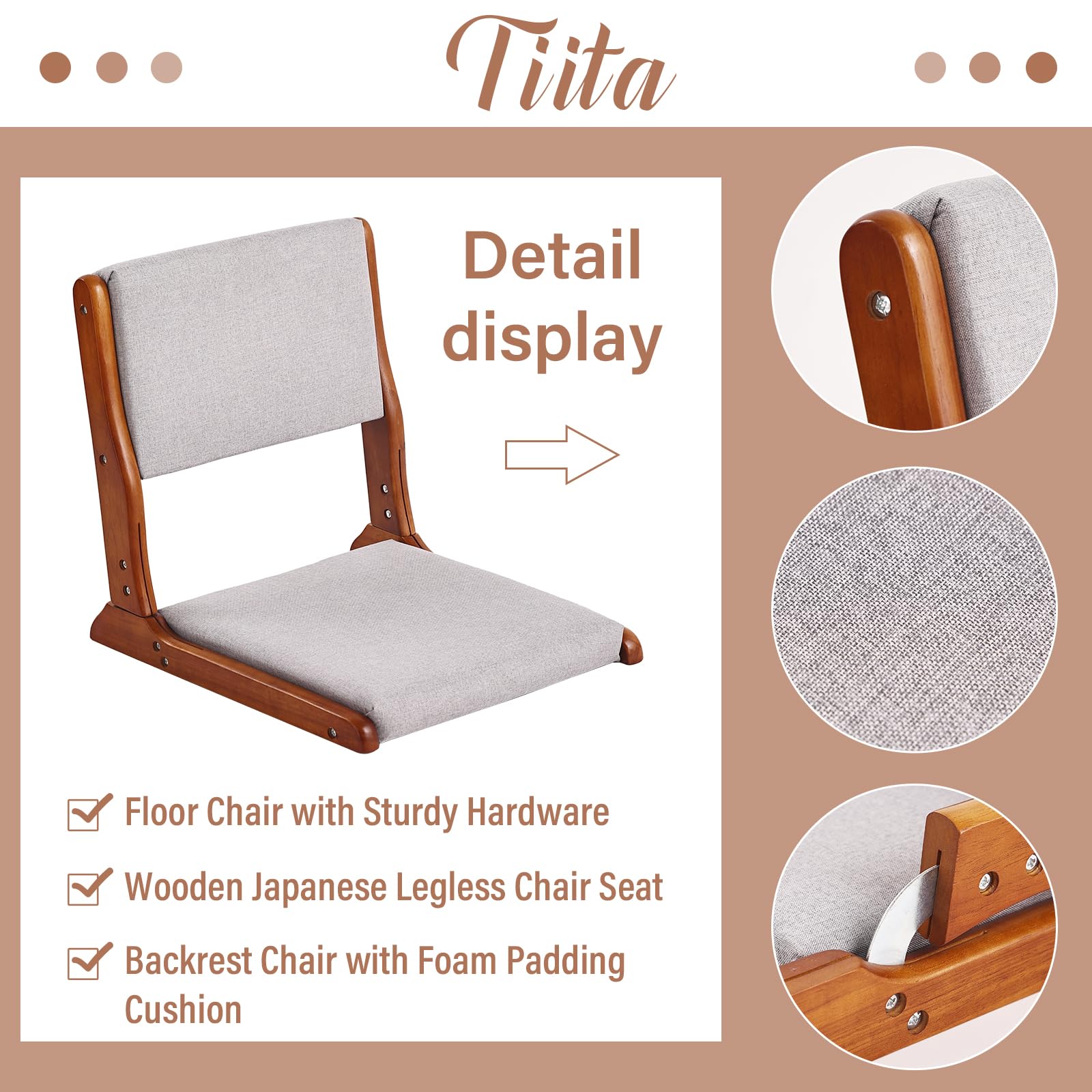 Foldable Tatami Floor Chair - Japanese Style Wooden Legless Backrest with Cushion - Meditation & Accent Seating for Bay Window, Living Room & Zen Decor - Walnut Grey