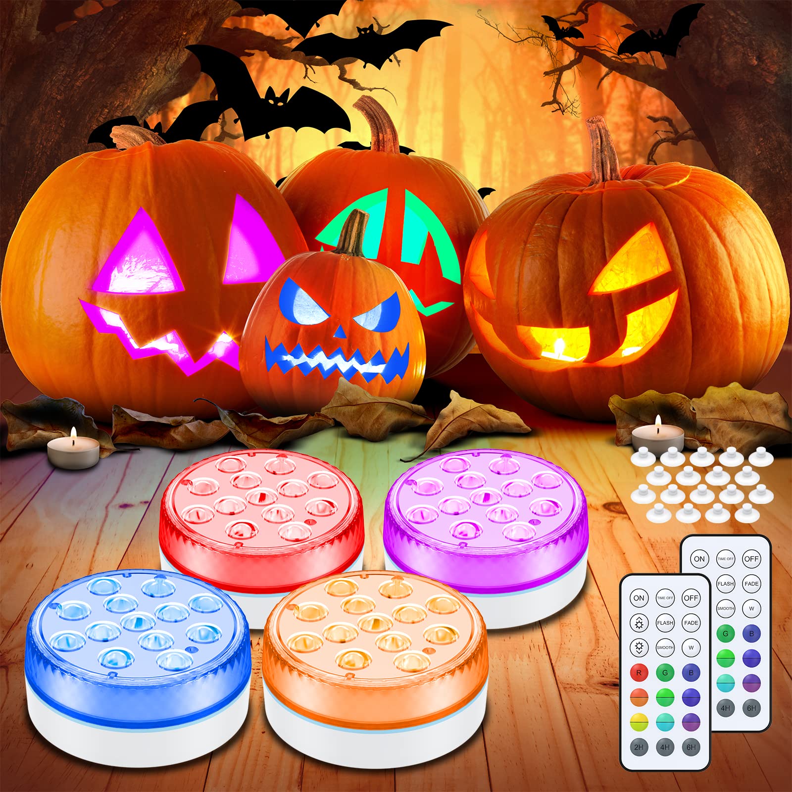 4 Pack Submersible LED Pool Lights with RF Remote - Waterproof Halloween Pumpkin Lights, 16 Colors, Battery Operated with Suction Cups & Magnet - Perfect for Pool Parties, Halloween Decorations & Outdoor Events