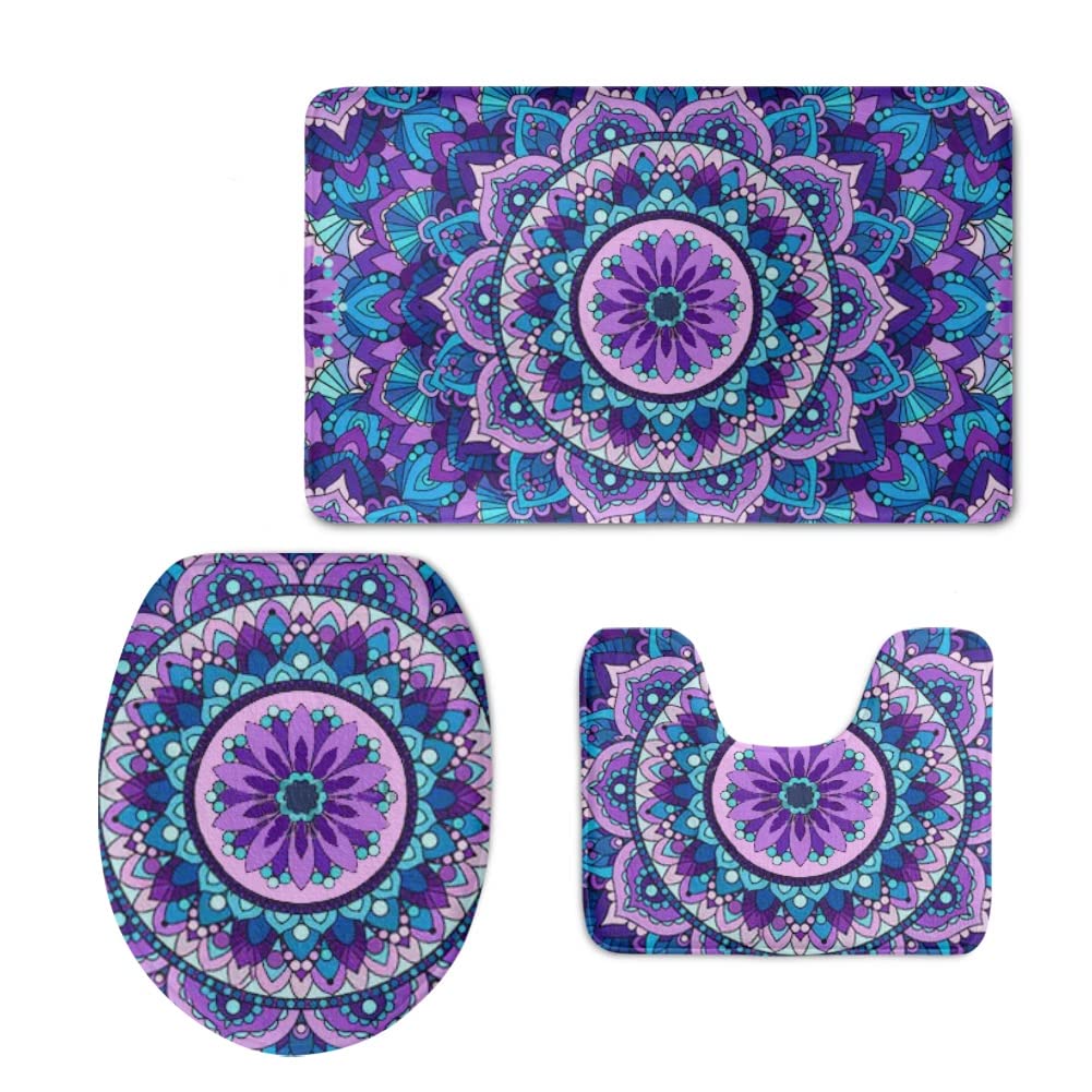 Non-Slip 3-Piece Bathroom Rug Set - U-Shaped Toilet Lid Cover, Toilet Seat Mat & Bath Mat with Purple Mandala Design | Soft, Absorbent & Anti-Skid for Bathroom, Powder Room & Vanity Area