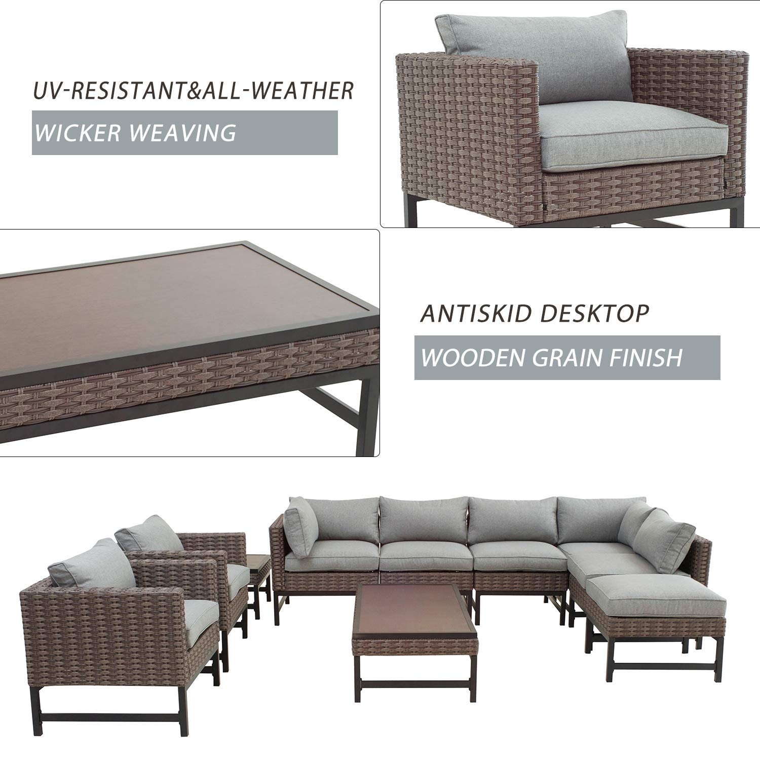 10-Piece Patio Conversation Set with Sectional Corner Sofa, Cushioned Chairs, Coffee Table & Ottoman - Gray Outdoor Furniture for Garden, Poolside & Backyard Relaxation