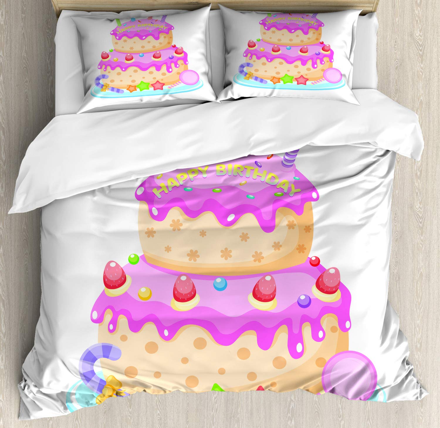 Ambesonne Birthday Party Duvet Cover Set - King Size 2-Pack with 2 Duvet Covers & 4 Pillowcases, Pastel Pink Cake with Candles & Candies Design | Perfect for Kids' Birthday Decor, Sleepovers & Themed Bedroom Decorations
