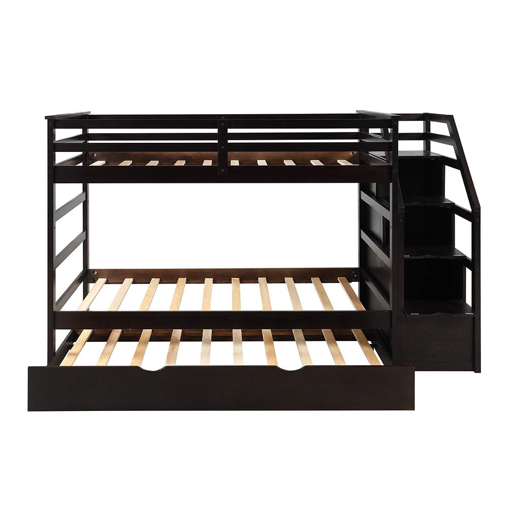 Premium Twin Over Twin Bunk Bed Frame with Trundle & Storage Stairs - Solid Wood Construction, Slat Support & Safety Guard Rail - No Box Spring Needed - Easy Assembly - Espresso Finish - Perfect for Kids' Bedrooms, Guest Rooms & Space-Saving Solutions