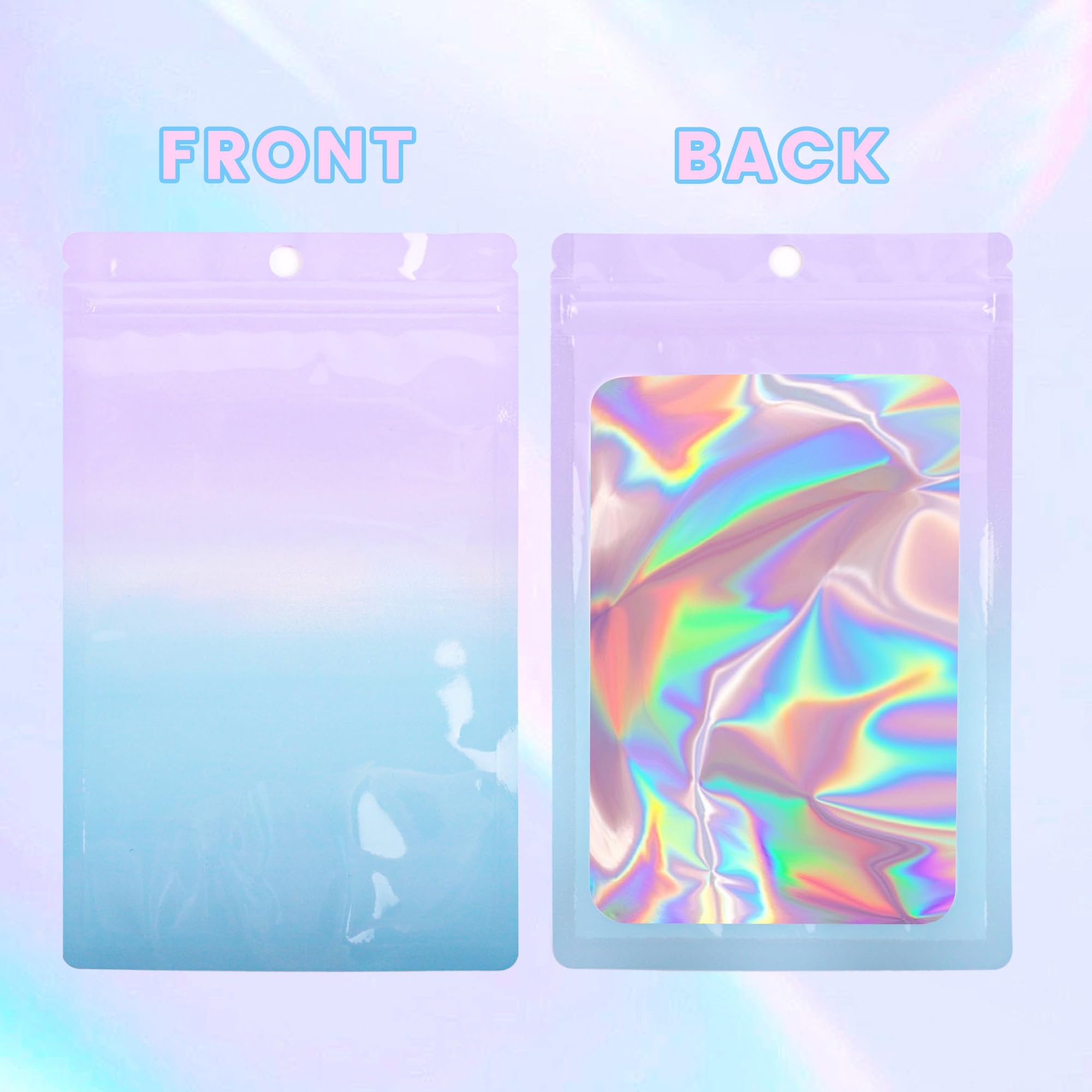 100 PCS Holographic Mylar Bags with Clear Window - Resealable Smell Proof Food Storage Bags for Candy, Snacks & Party Favors | Gradient Foil Packaging Bags (Purple Blue 2.4