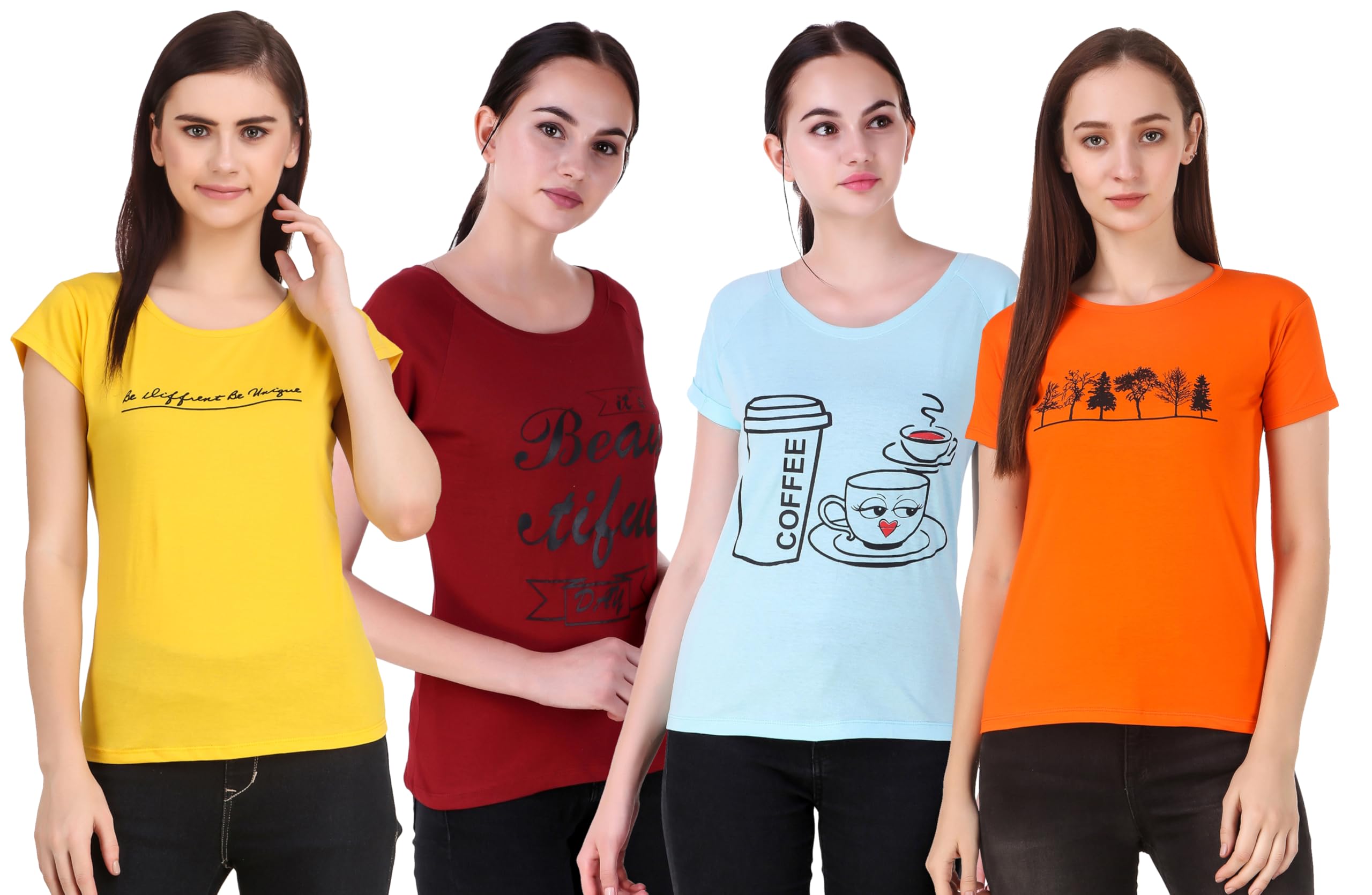 4 Pack Women's Printed Cotton T-Shirts - Sky Blue, Maroon, Orange & Yellow | Soft Casual Tees for Everyday Wear, Summer Outfits & Lounge