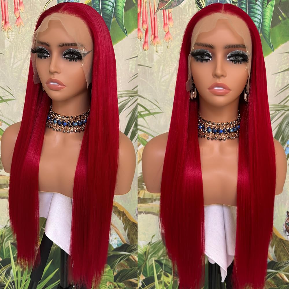 QD-Tizer 24 Inch Long Straight Red Synthetic Lace Front Wig for Women - Heat Resistant, Glueless, Natural Hairline | Perfect for Cosplay, Daily Wear & Special Occasions