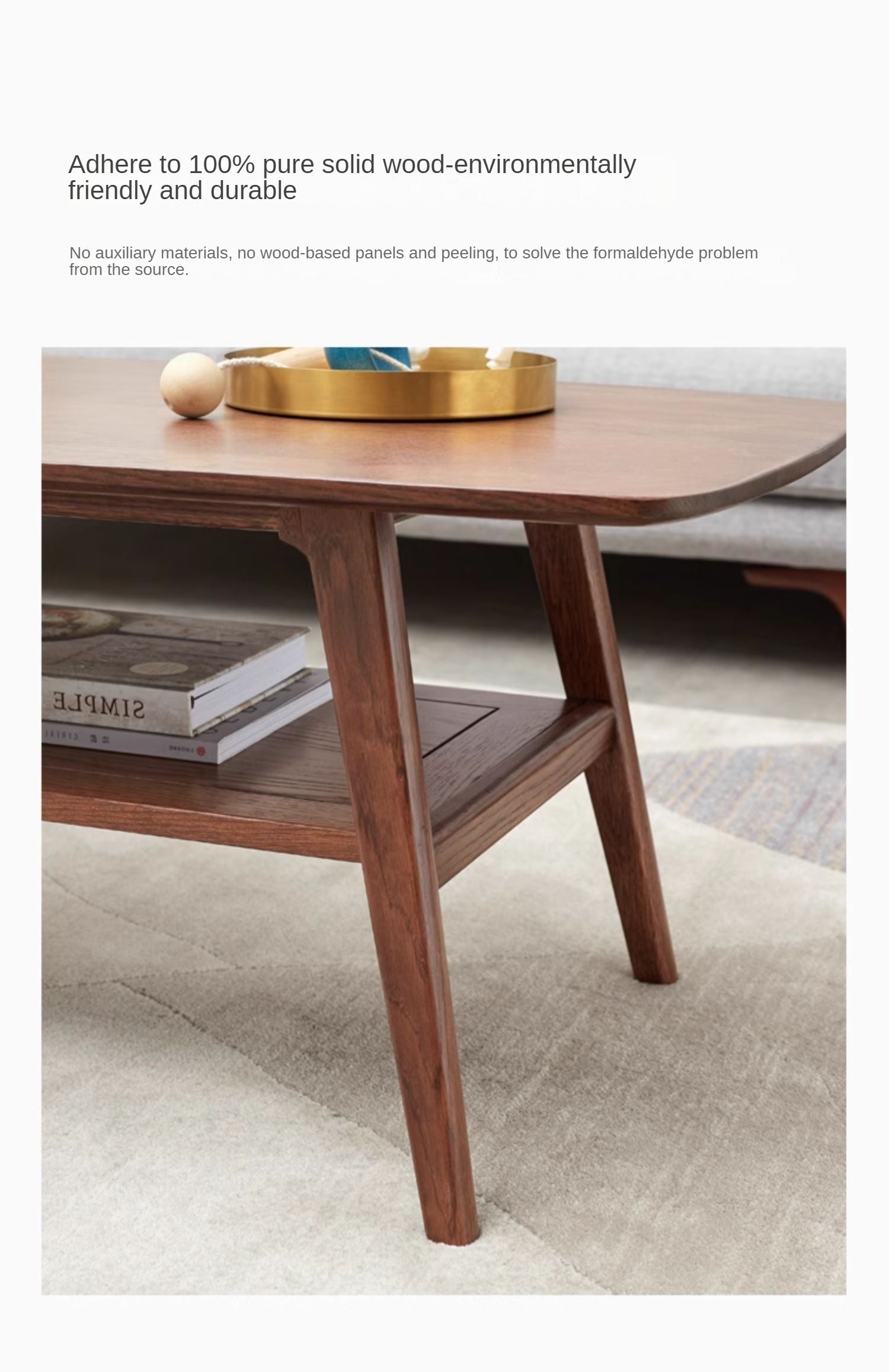 Solid Oak Wood Walnut Finish Double Layer Coffee Table - Modern Living Room Furniture for Home Decor & Small Space