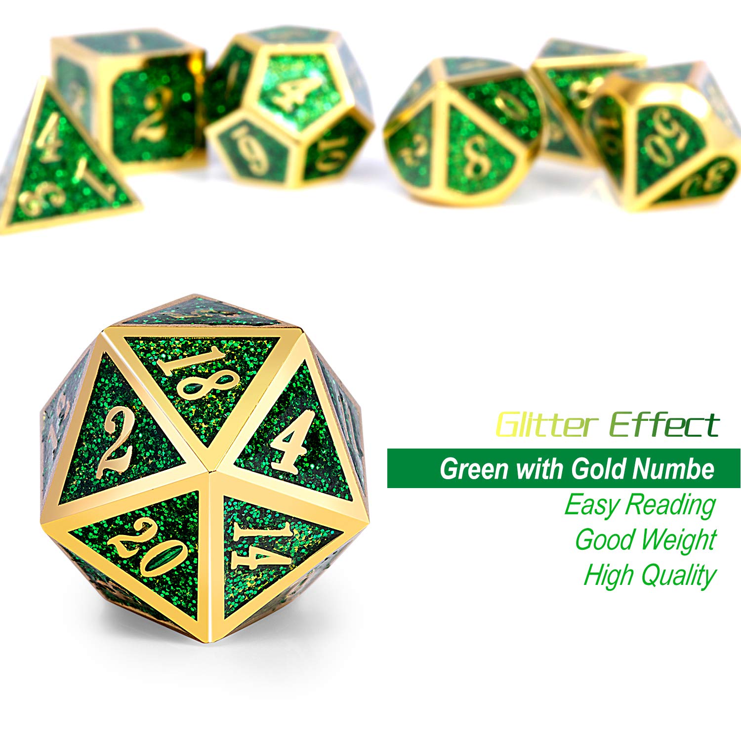 Premium Metal Dice Set for D&D - Glitter Green Heavy RPG Dice with Free Metal Case | Perfect for Dungeons & Dragons, Pathfinder & Tabletop Roleplaying Games
