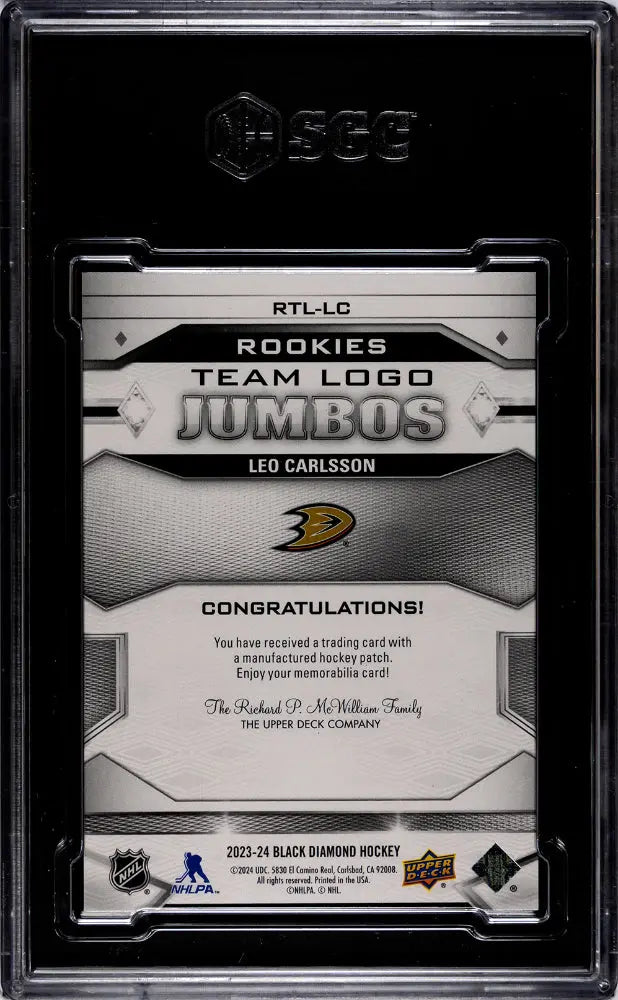 2023-24 Upper Deck Black Diamond Hockey Leo Carlsson Rookie Card - Team Logo Jumbo Patch SGC 9 Graded - Perfect for Collectors & Hockey Fans | Display in Home Office, Man Cave, or Sports Memorabilia Collection