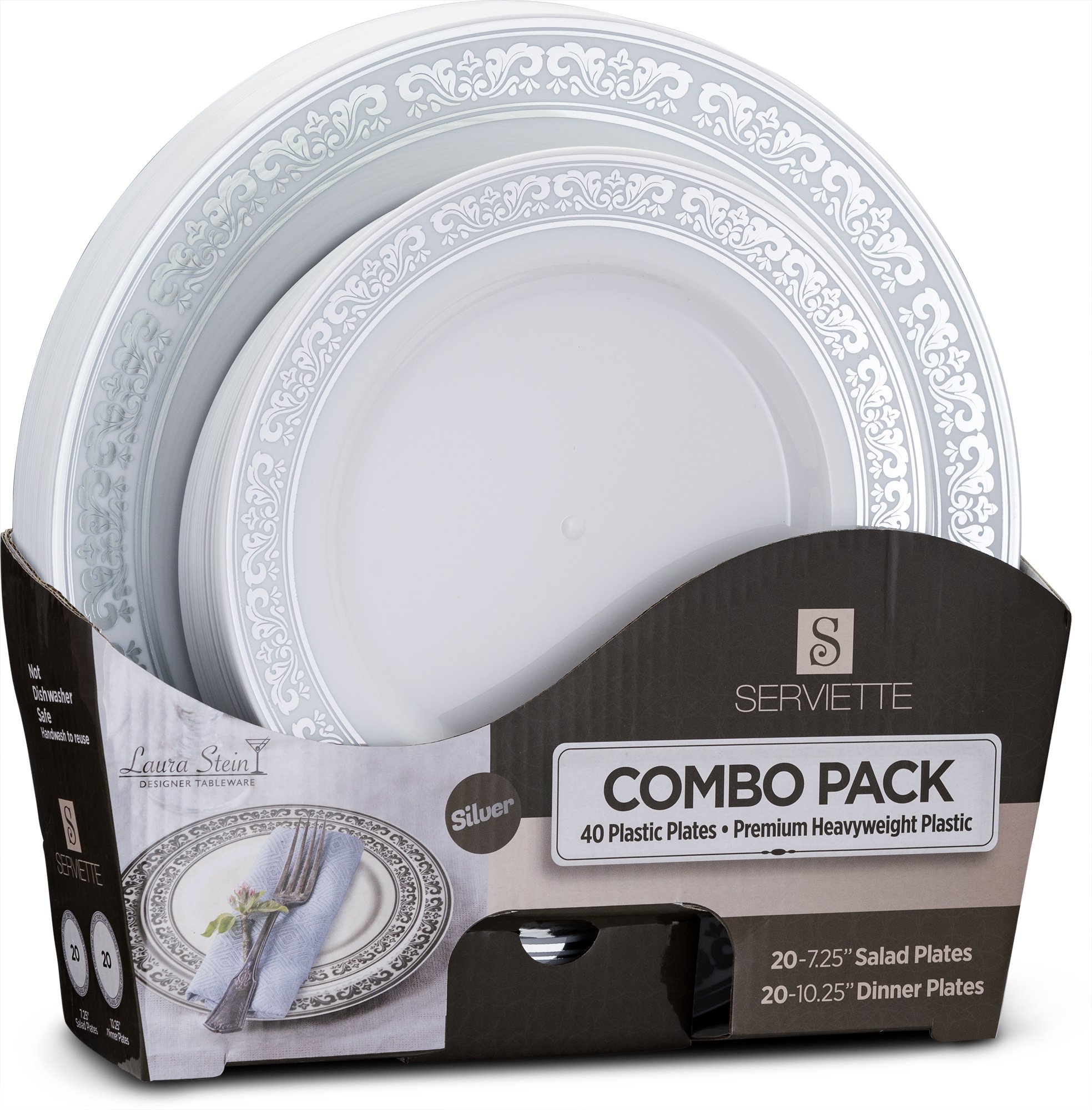 Laura Stein Designer 40-Piece Premium Plastic Dinnerware Set - White with Silver Rim (20x10.75
