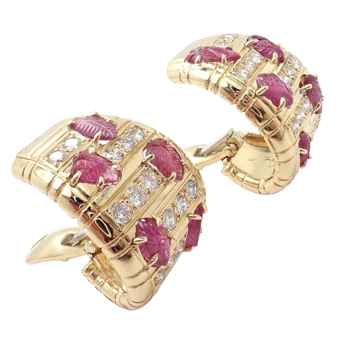 Vintage Andrew Clunn 18K Yellow Gold Diamond Carved Leaf Ruby Earrings - Elegant Antique Jewelry for Weddings, Parties & Special Occasions